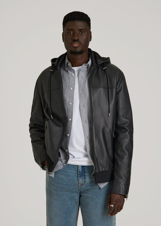 American Tall Men Genuine Leather Hooded Bomber for Tall Men in Black