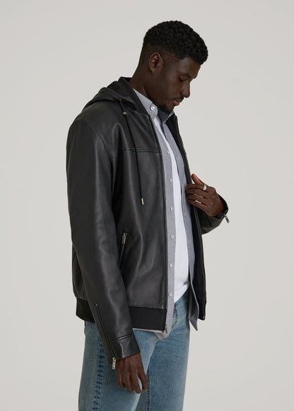 American Tall Men Genuine Leather Hooded Bomber for Tall Men in Black