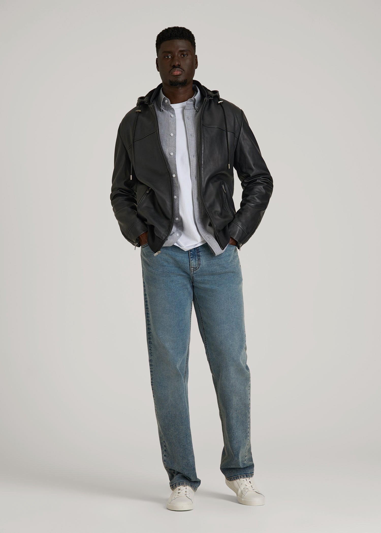 American Tall Men Genuine Leather Hooded Bomber for Tall Men in Black
