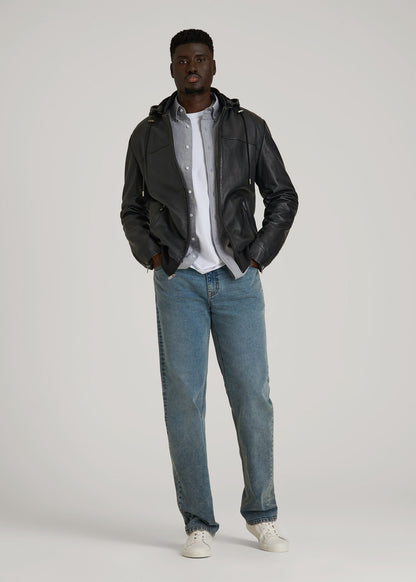 American Tall Men Genuine Leather Hooded Bomber for Tall Men in Black