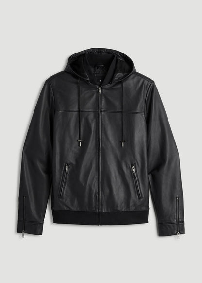 American Tall Men Genuine Leather Hooded Bomber for Tall Men in Black
