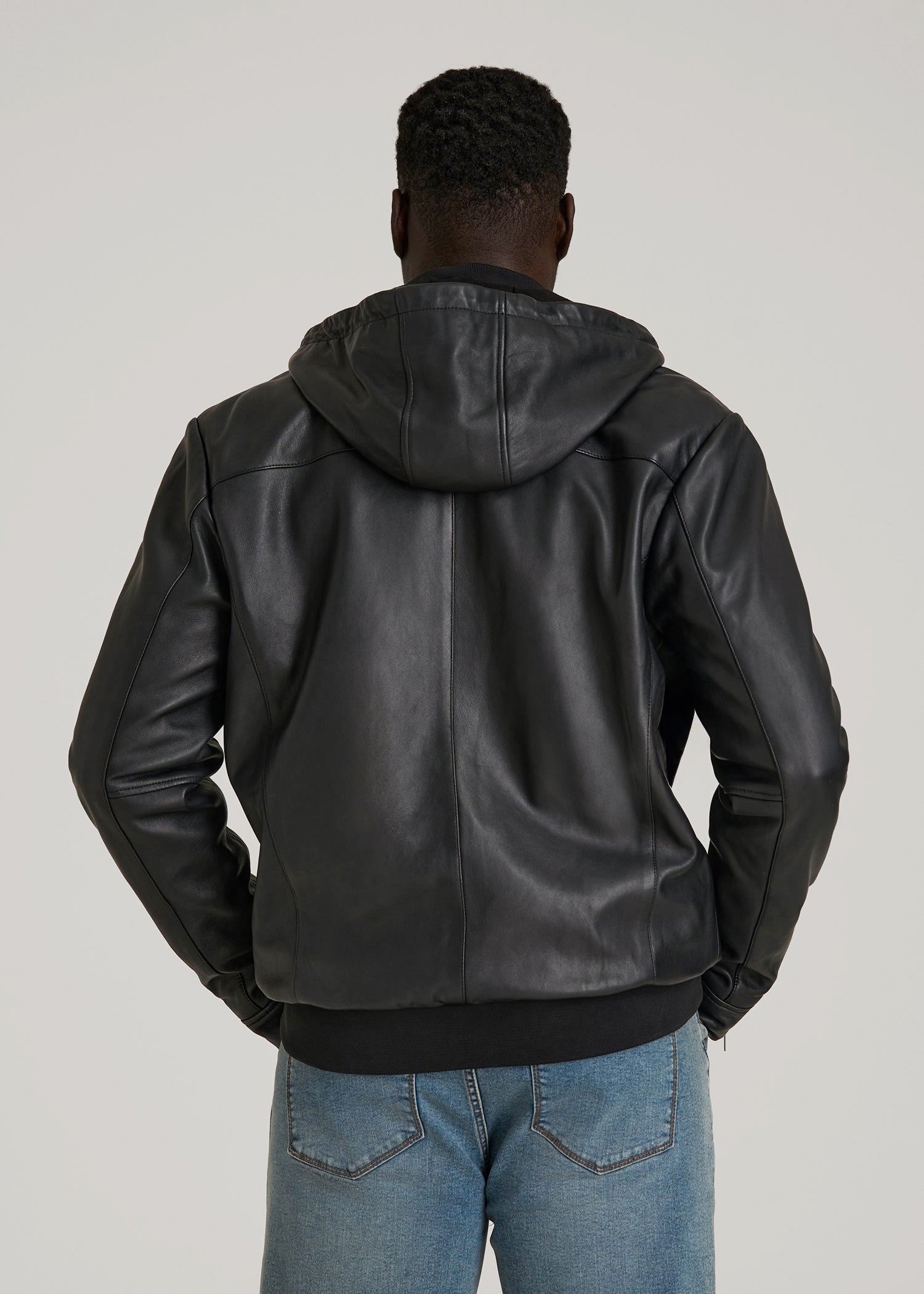 American Tall Men Genuine Leather Hooded Bomber for Tall Men in Black