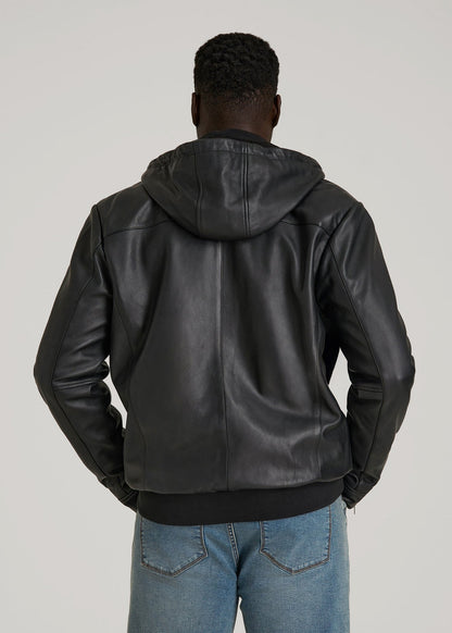 American Tall Men Genuine Leather Hooded Bomber for Tall Men in Black