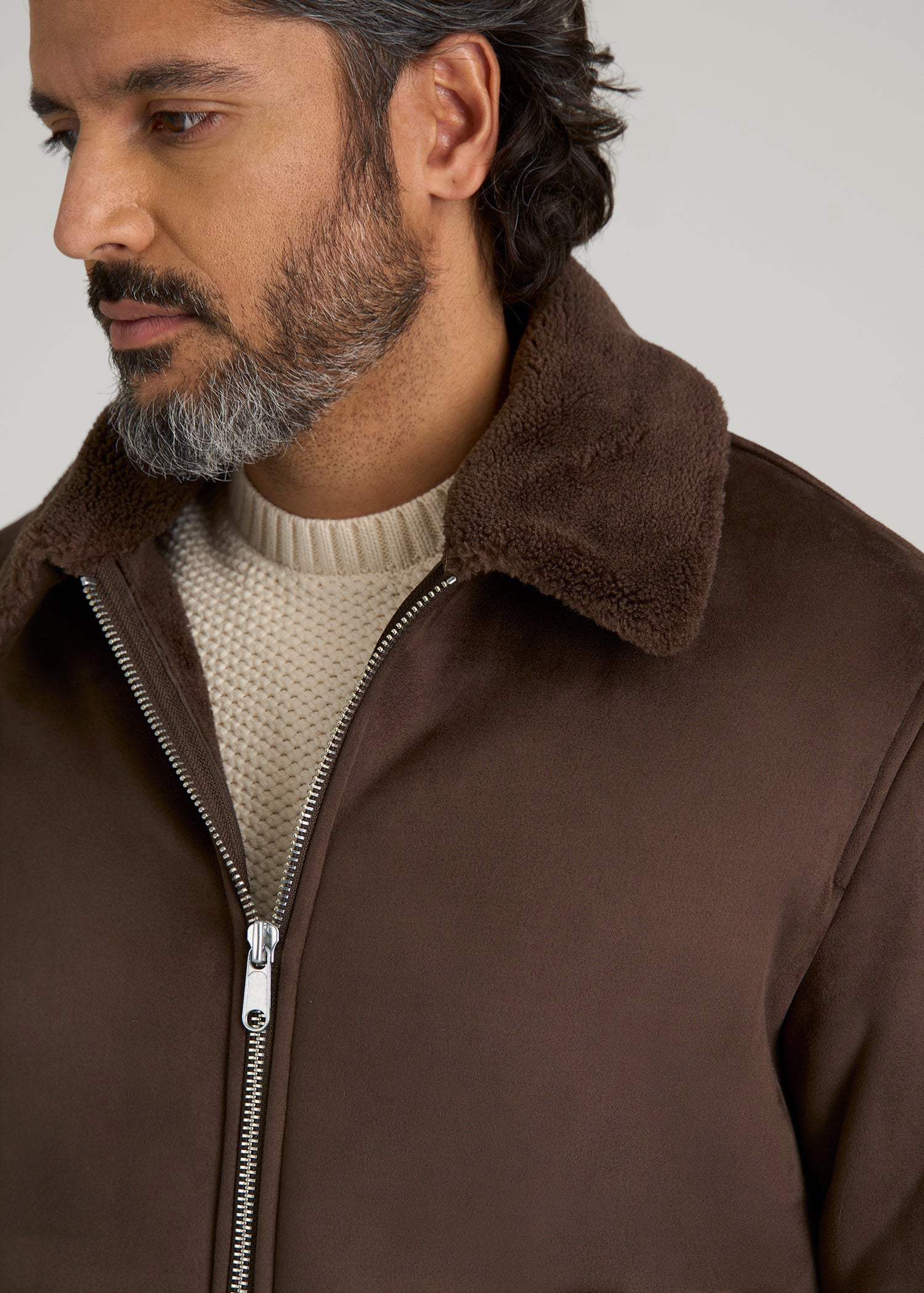 American Tall Men Sherpa Bomber Jacket for Tall Men in Bison Brown