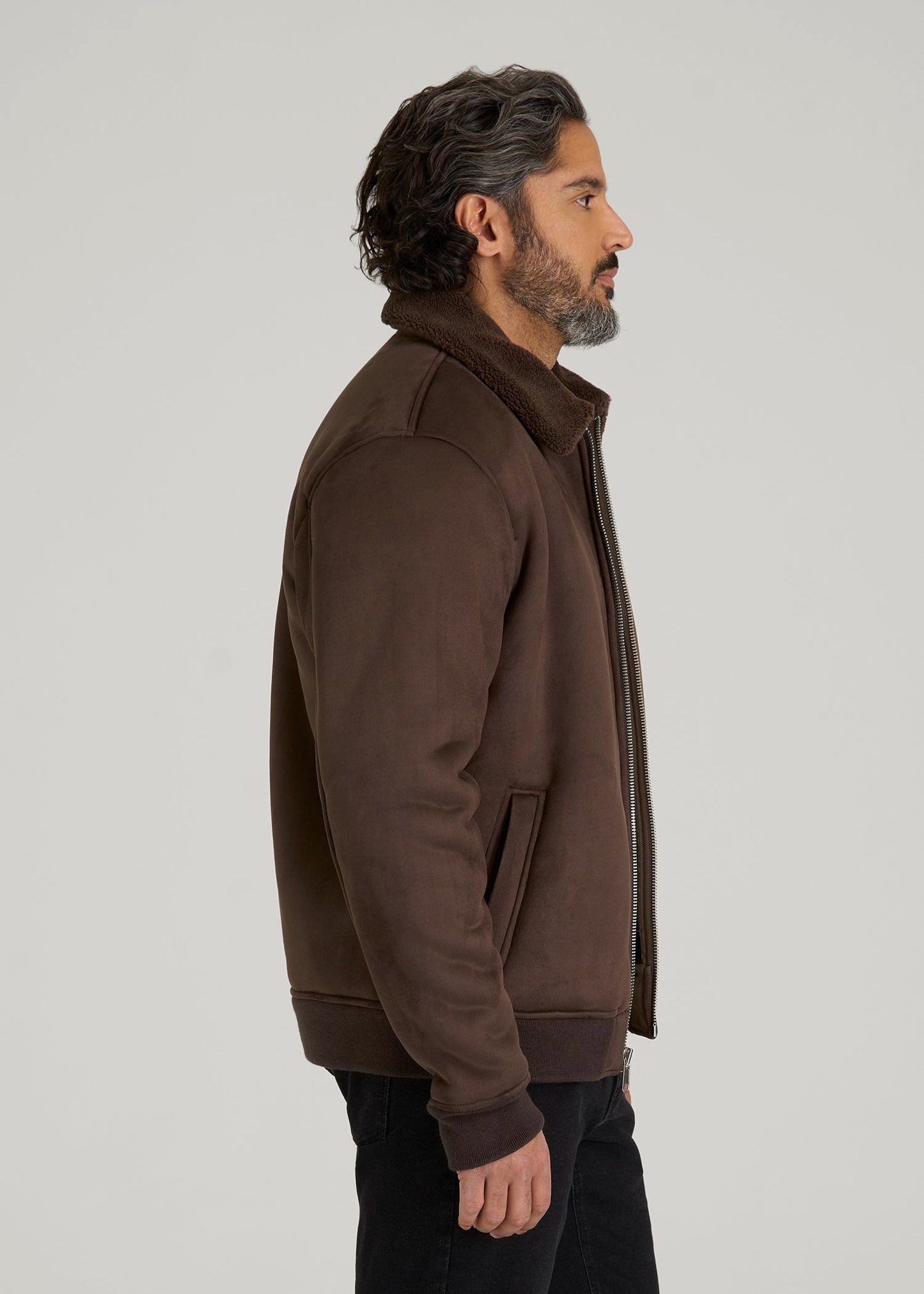 American Tall Men Sherpa Bomber Jacket for Tall Men in Bison Brown