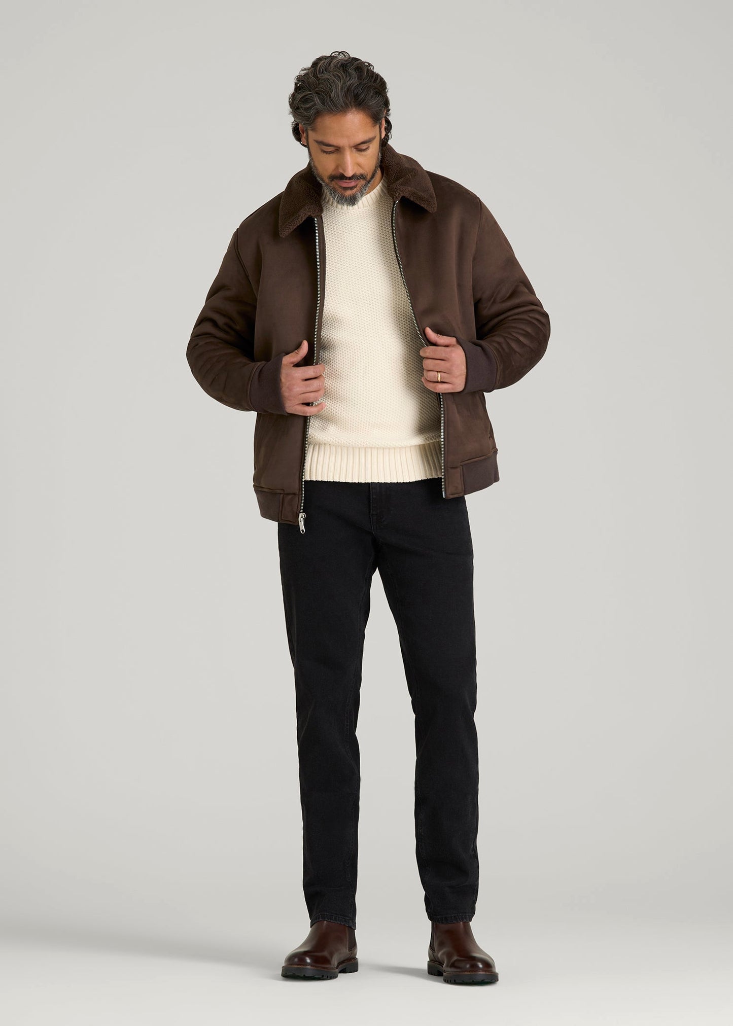 American Tall Men Sherpa Bomber Jacket for Tall Men in Bison Brown