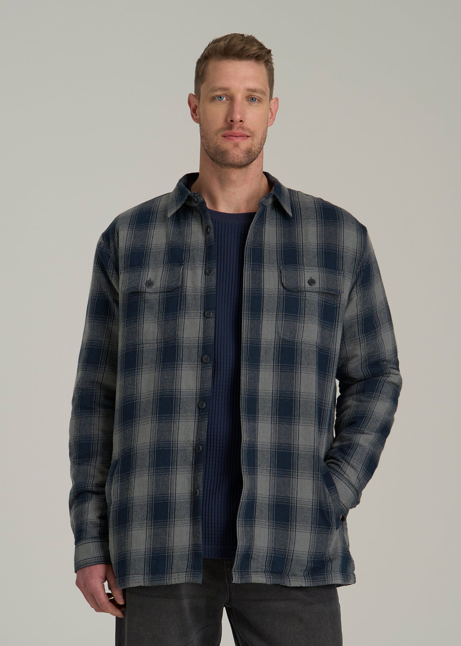 American Tall Men LJ&S Sherpa-Lined Shirt Jacket for Tall Men in Midnight Navy & Medium Grey Plaid