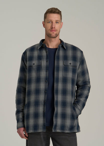 American Tall Men LJ&S Sherpa-Lined Shirt Jacket for Tall Men in Midnight Navy & Medium Grey Plaid