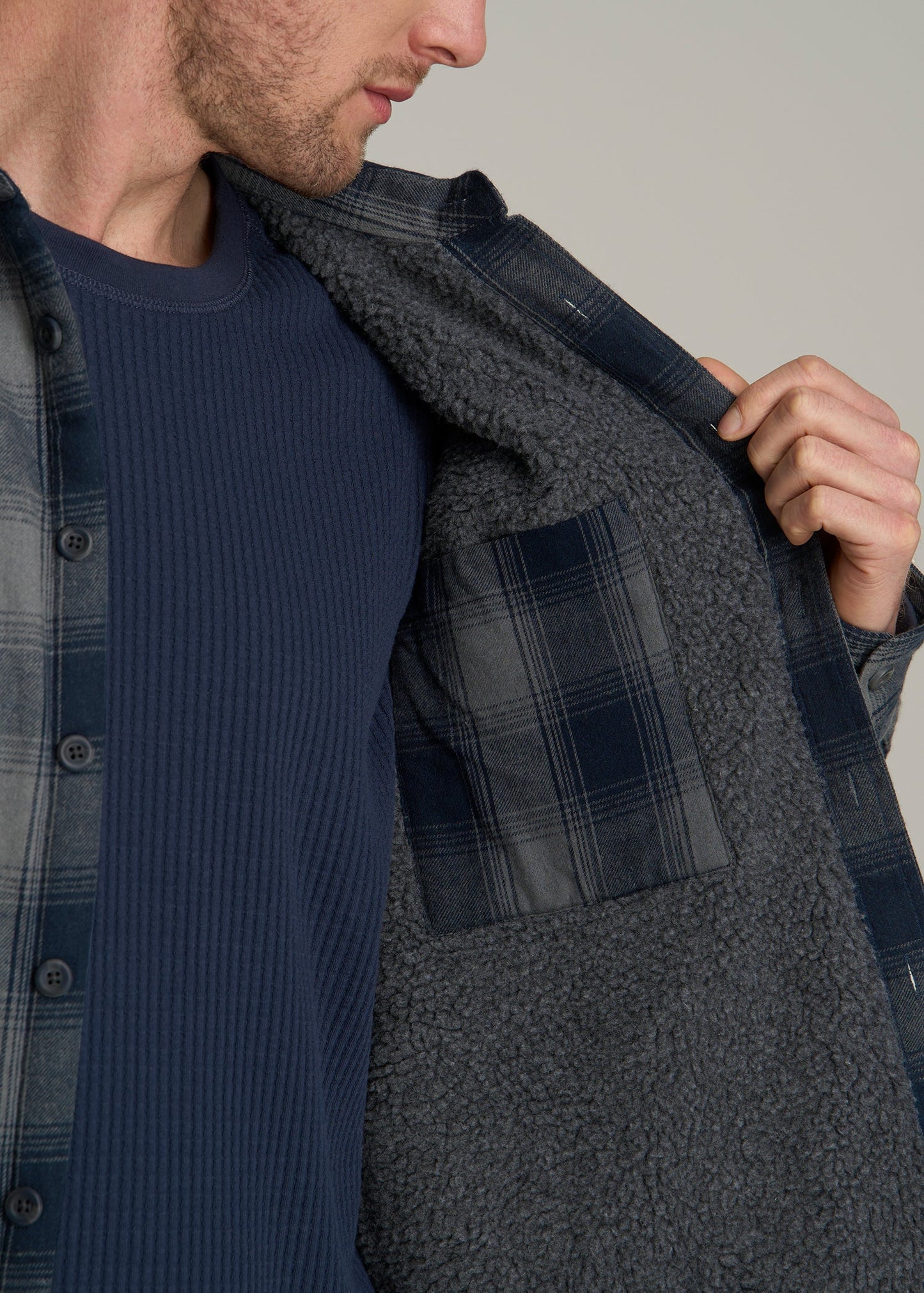 American Tall Men LJ&S Sherpa-Lined Shirt Jacket for Tall Men in Midnight Navy & Medium Grey Plaid