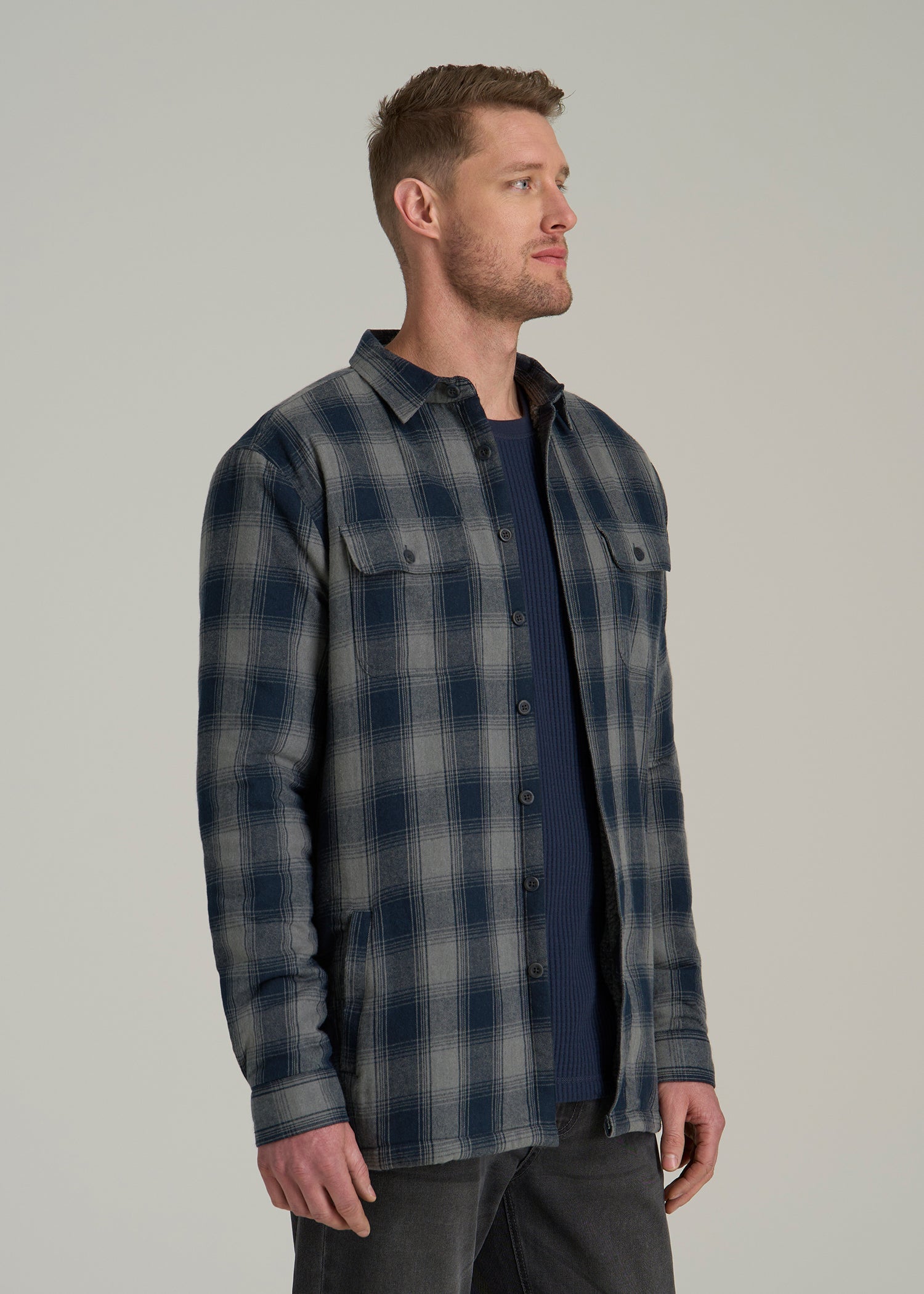 American Tall Men LJ&S Sherpa-Lined Shirt Jacket for Tall Men in Midnight Navy & Medium Grey Plaid