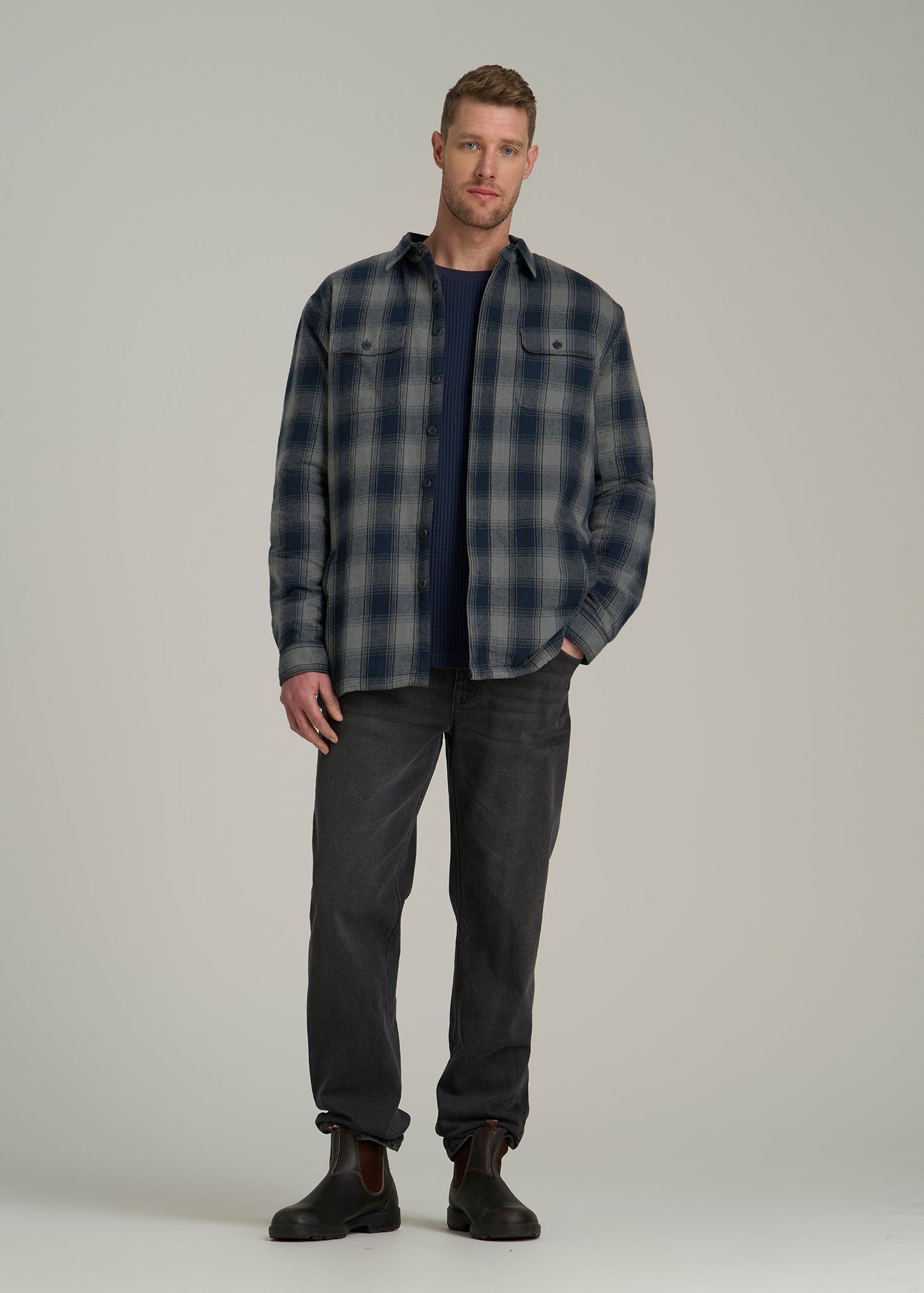 American Tall Men LJ&S Sherpa-Lined Shirt Jacket for Tall Men in Midnight Navy & Medium Grey Plaid
