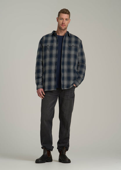 American Tall Men LJ&S Sherpa-Lined Shirt Jacket for Tall Men in Midnight Navy & Medium Grey Plaid