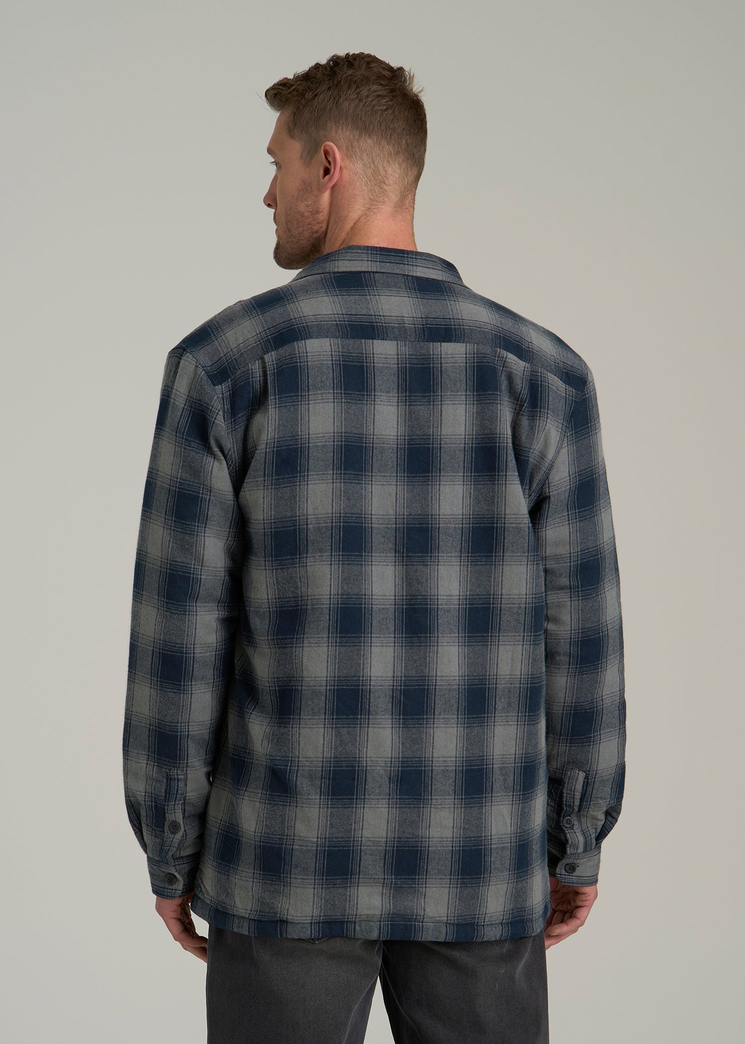 American Tall Men LJ&S Sherpa-Lined Shirt Jacket for Tall Men in Midnight Navy & Medium Grey Plaid
