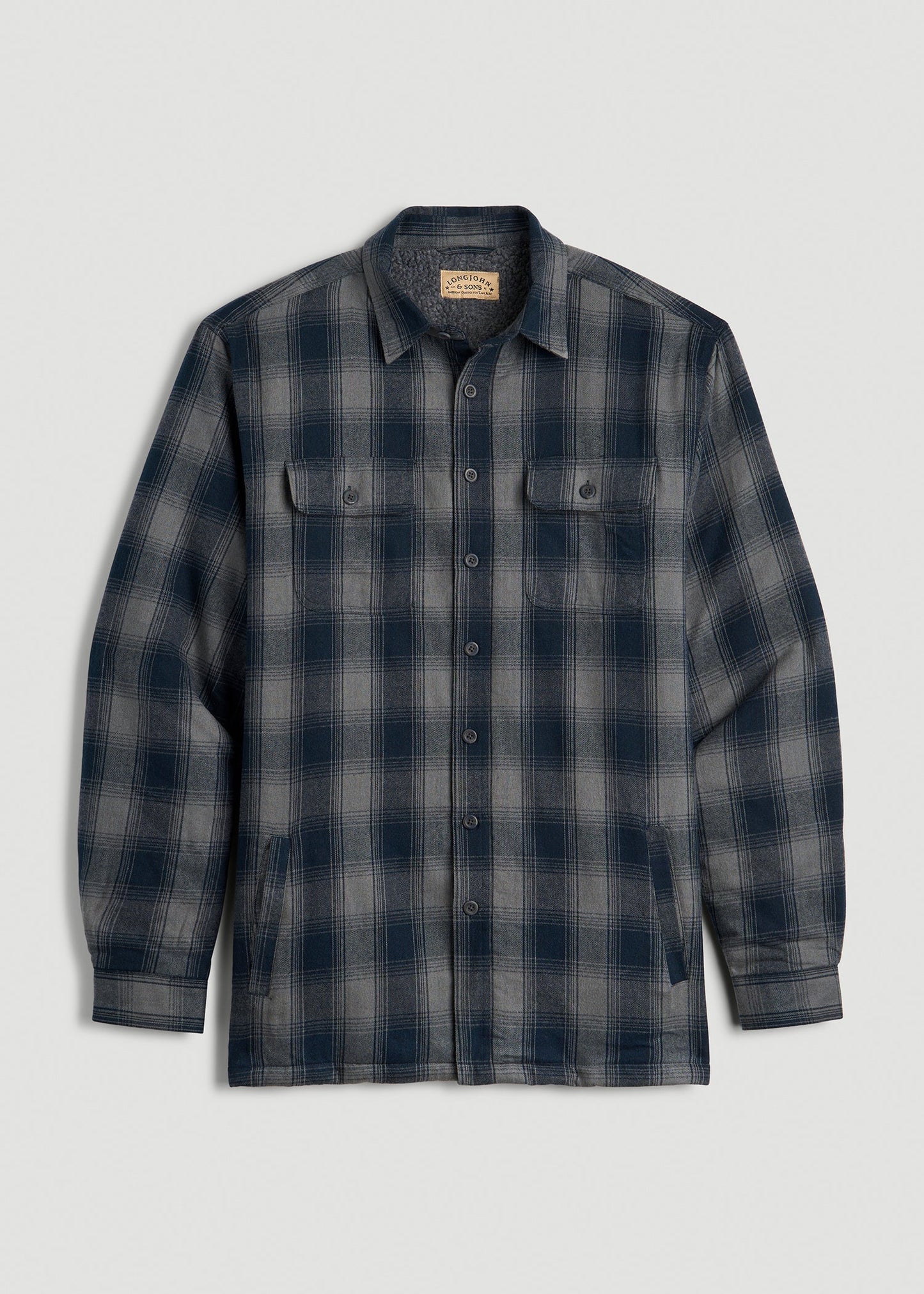 American Tall Men LJ&S Sherpa-Lined Shirt Jacket for Tall Men in Midnight Navy & Medium Grey Plaid