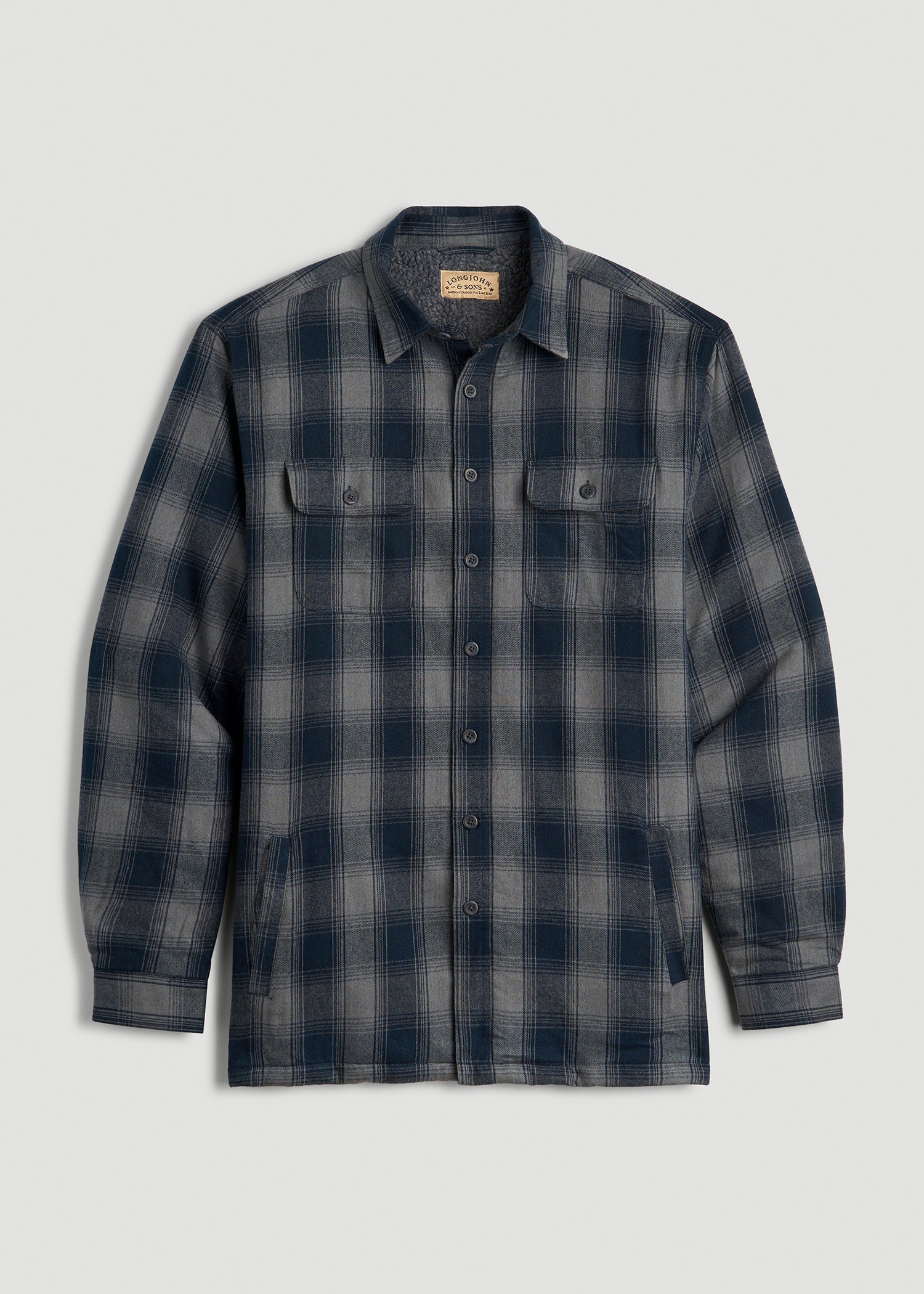 American Tall Men LJ&S Sherpa-Lined Shirt Jacket for Tall Men in Midnight Navy & Medium Grey Plaid