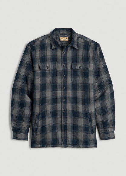 American Tall Men LJ&S Sherpa-Lined Shirt Jacket for Tall Men in Midnight Navy & Medium Grey Plaid