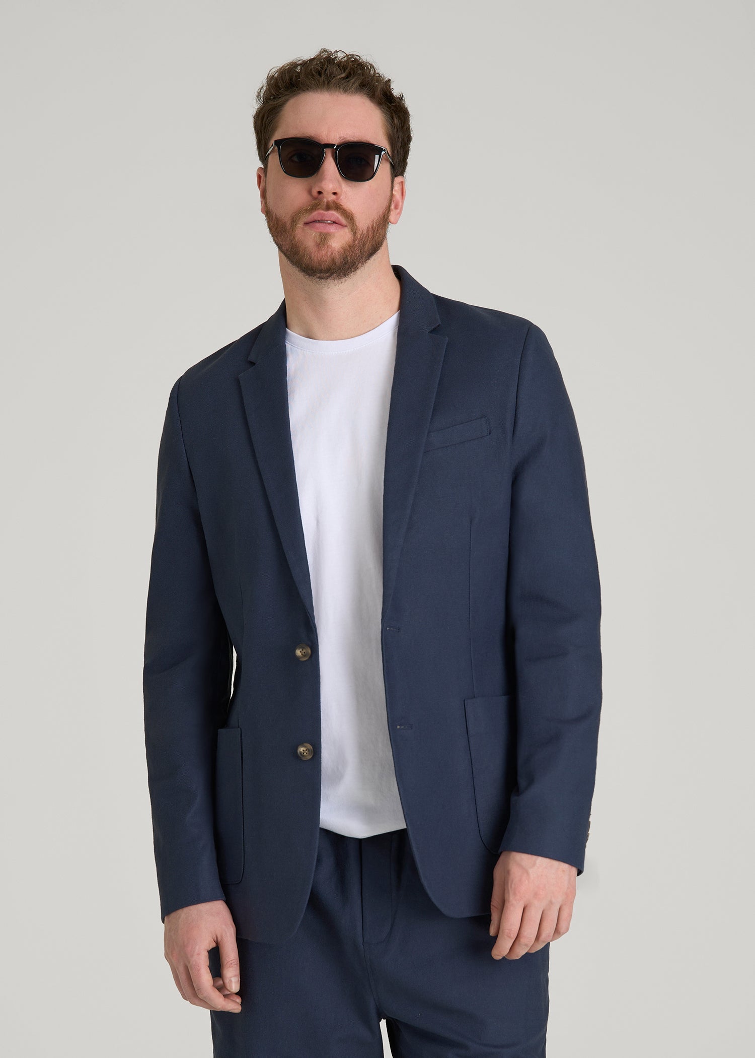 American Tall Men Stretch Cotton Linen Blend Blazer for Tall Men in Navy Blue