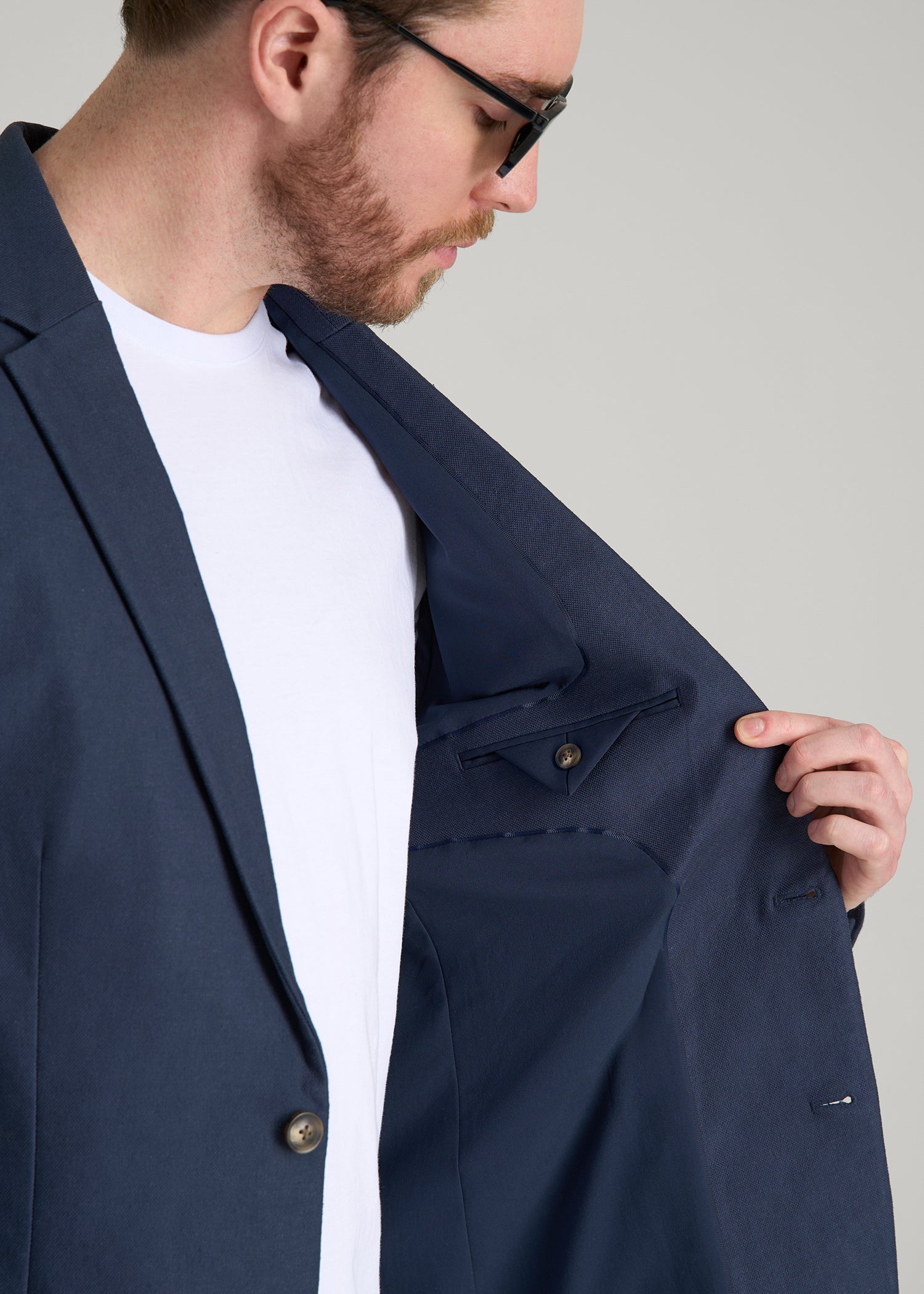 American Tall Men Stretch Cotton Linen Blend Blazer for Tall Men in Navy Blue