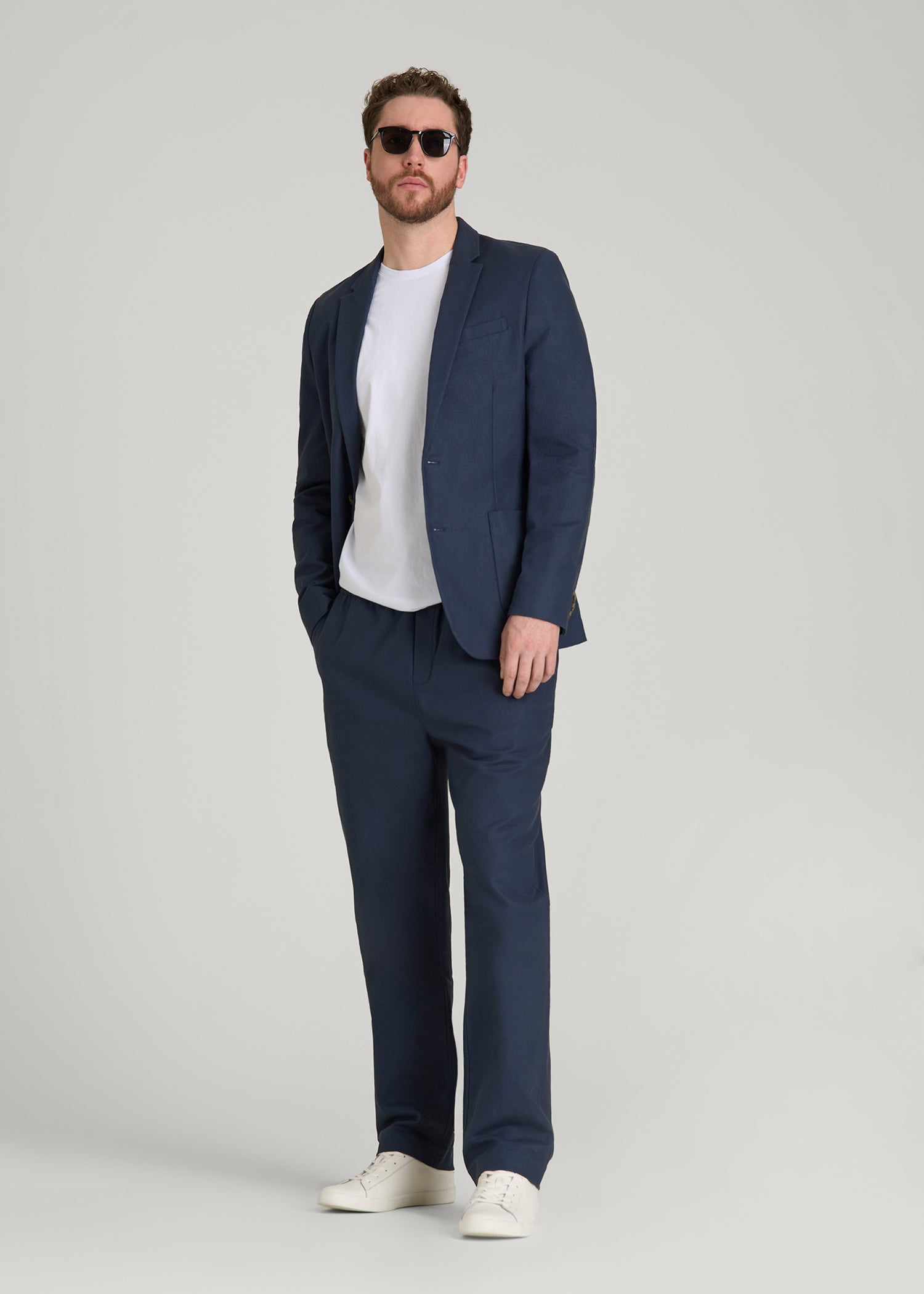 American Tall Men Stretch Cotton Linen Blend Blazer for Tall Men in Navy Blue