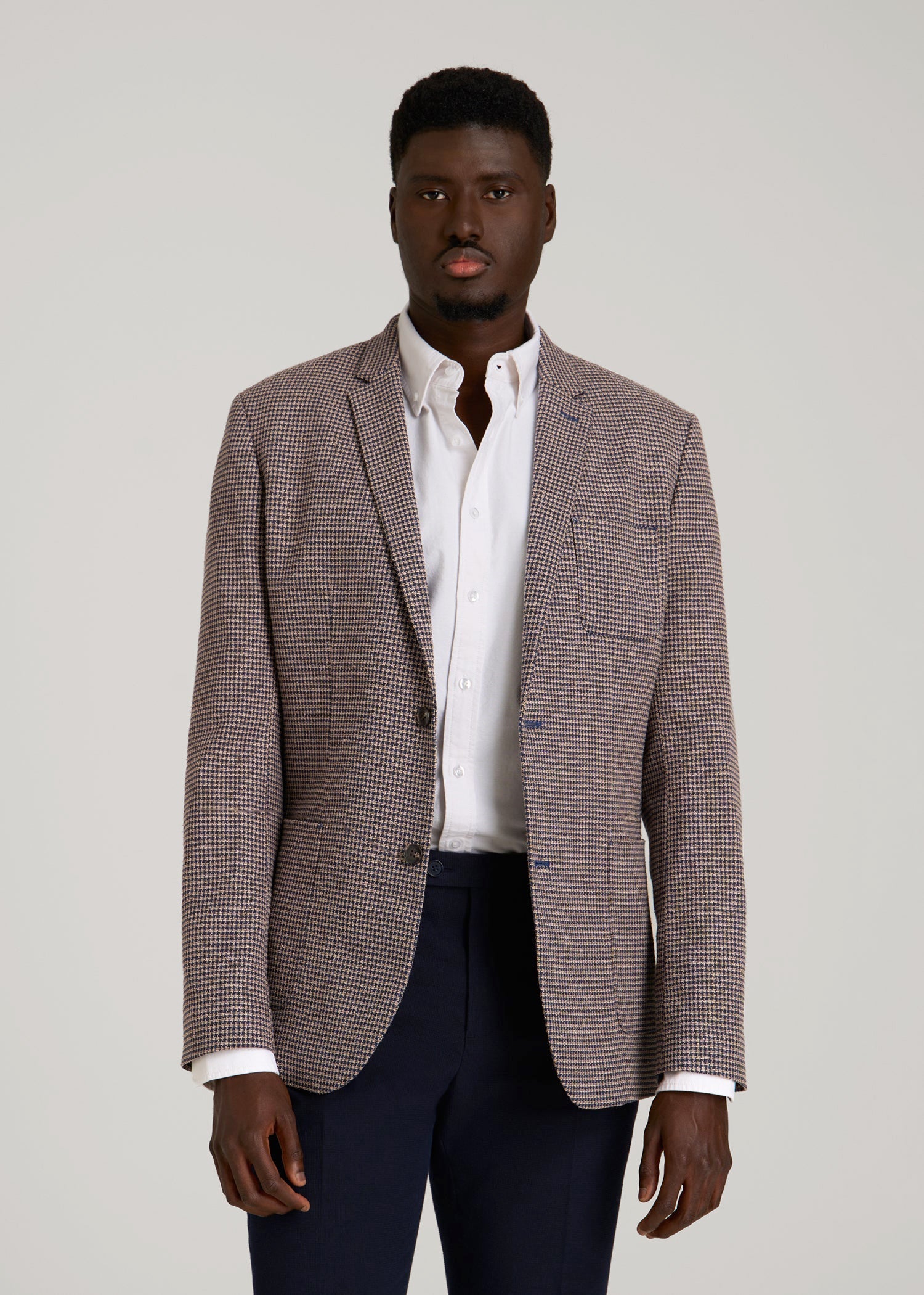 American Tall Men Core Blazer for Tall Men in Brown and Blue Mini Houndstooth