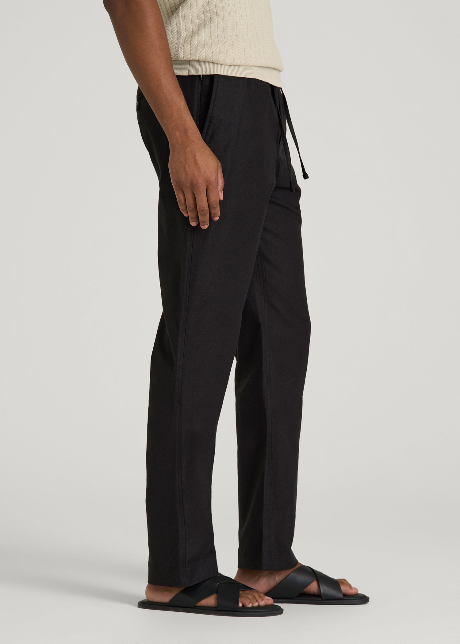 American Tall Men Stretch Cotton Linen Blend Pull-On Pants for Tall Men in Black