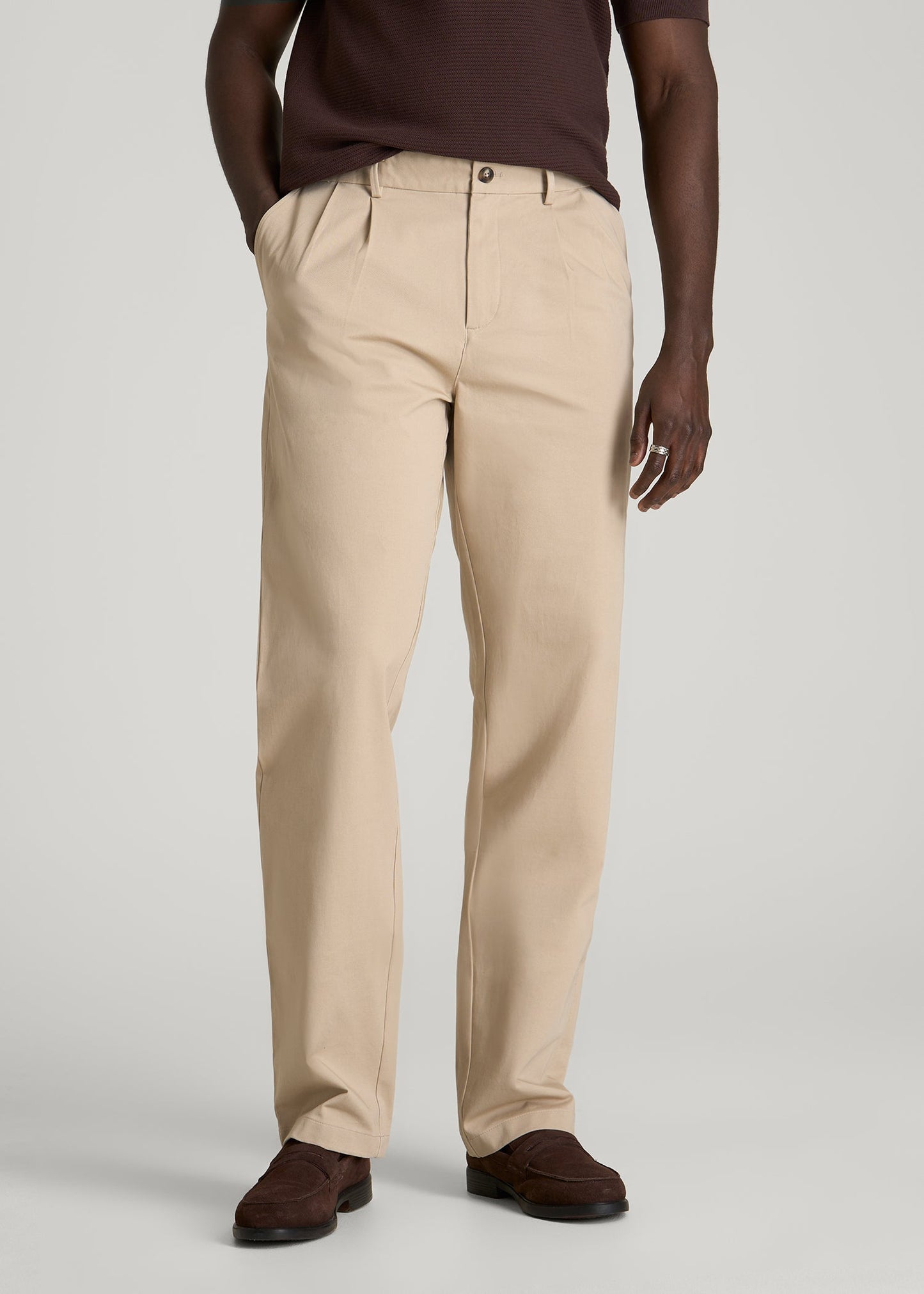 American Tall Men Stretch Commuter Pleated Chinos for Tall Men in Warm Taupe