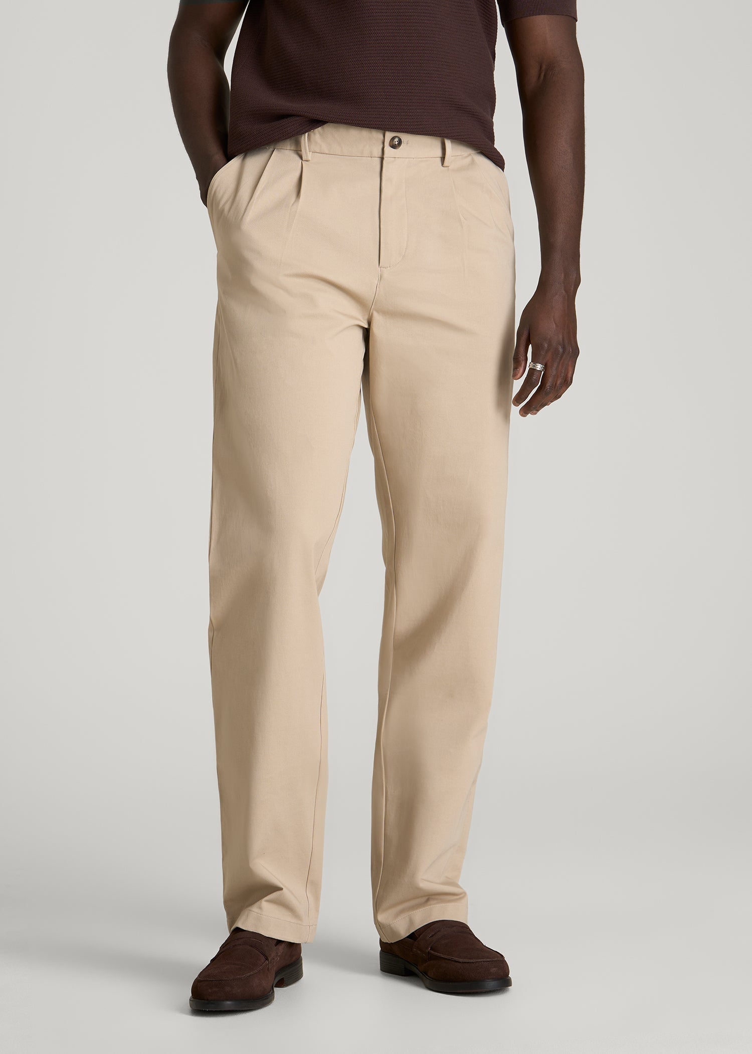 American Tall Men Stretch Commuter Pleated Chinos for Tall Men in Warm Taupe