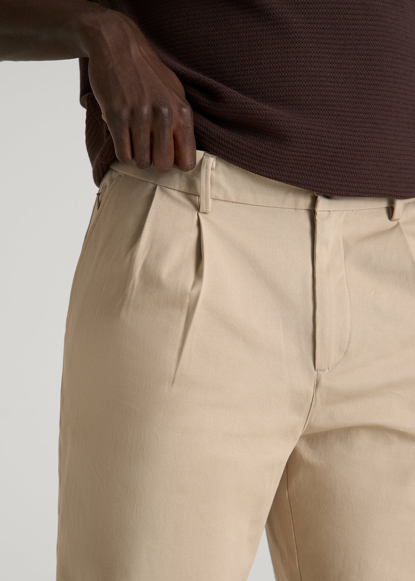 American Tall Men Stretch Commuter Pleated Chinos for Tall Men in Warm Taupe