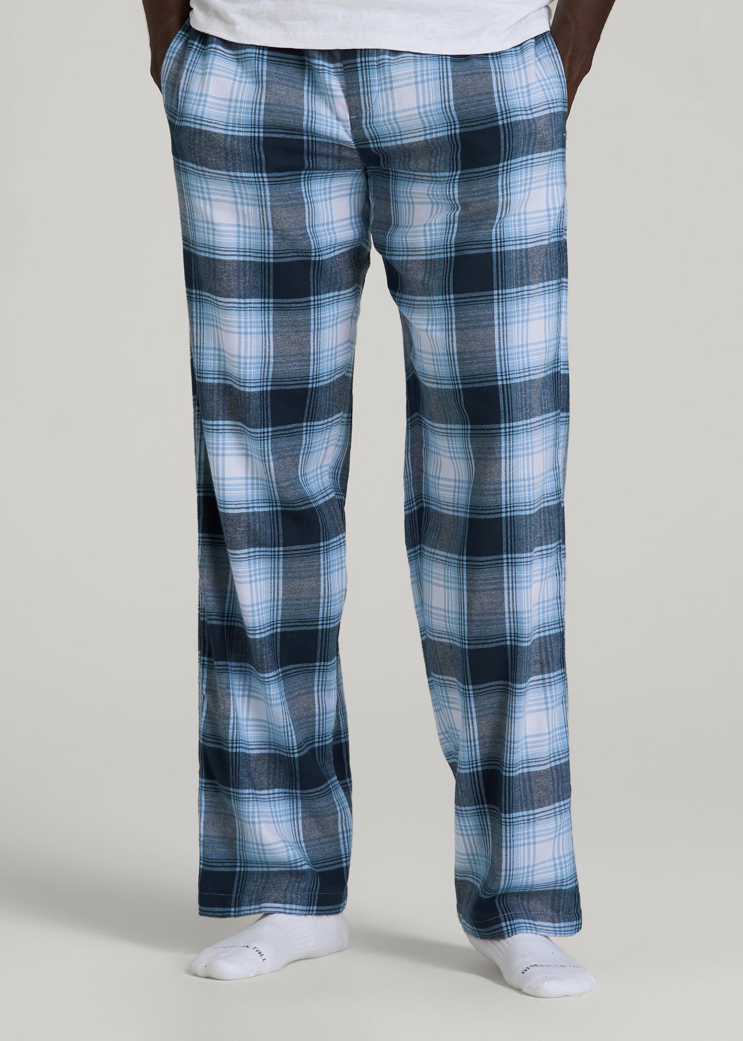 American Tall Men Flannel Pajama Pants for Tall Men in Blue and White Plaid