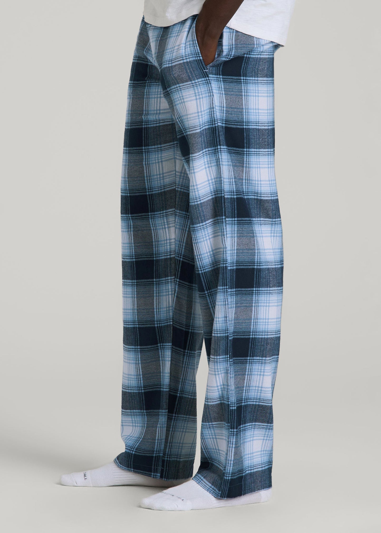 American Tall Men Flannel Pajama Pants for Tall Men in Blue and White Plaid