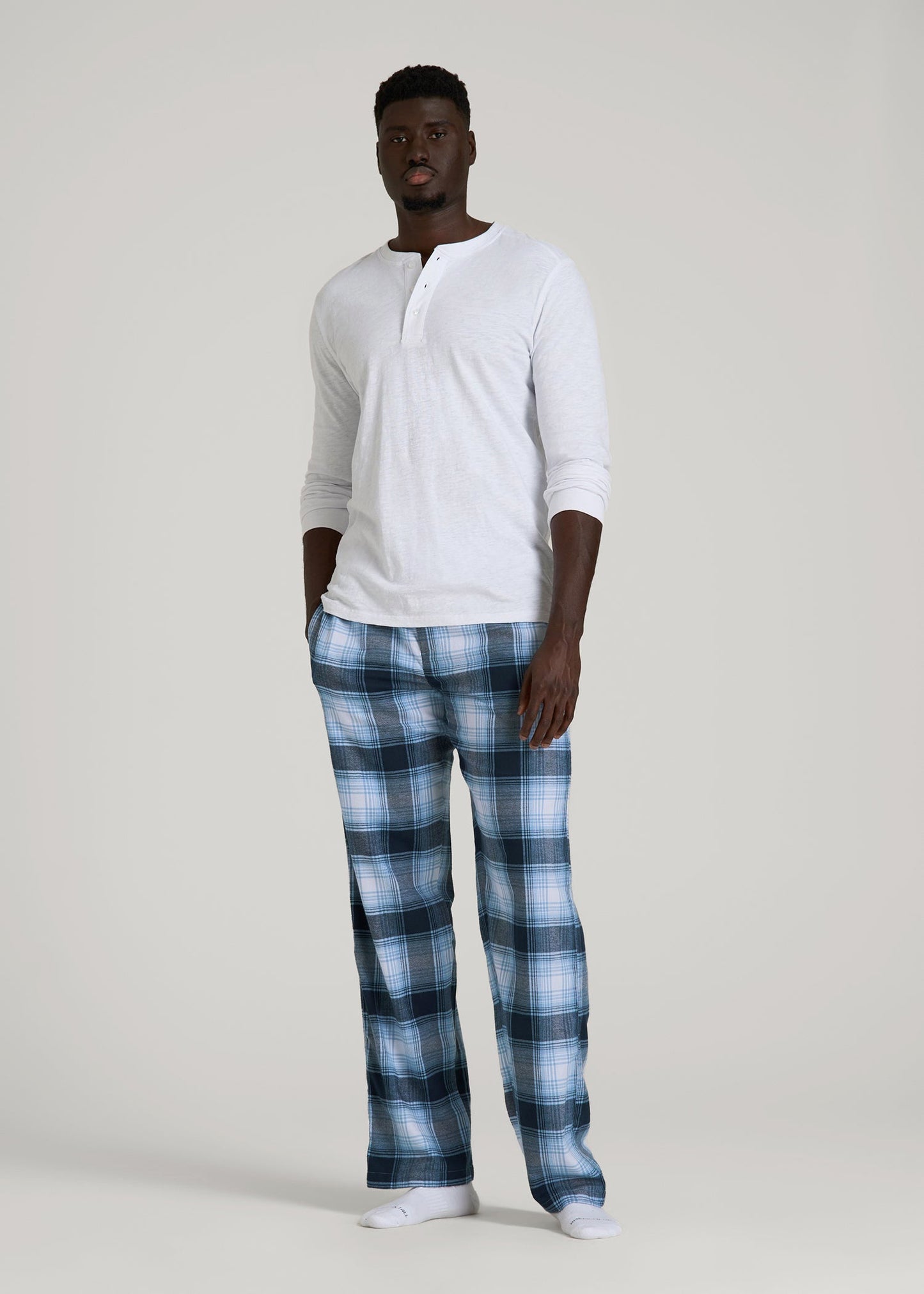 American Tall Men Flannel Pajama Pants for Tall Men in Blue and White Plaid