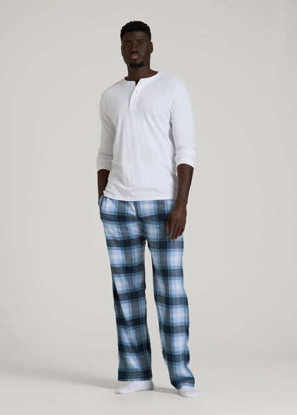 American Tall Men Flannel Pajama Pants for Tall Men in Blue and White Plaid
