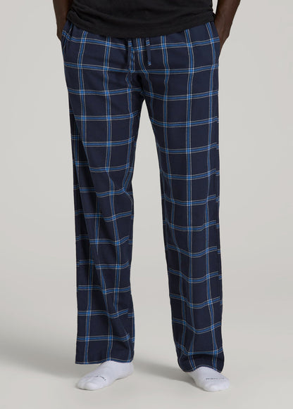 American Tall Men Flannel Pajama Pants for Tall Men in Navy and Blue Windowpane