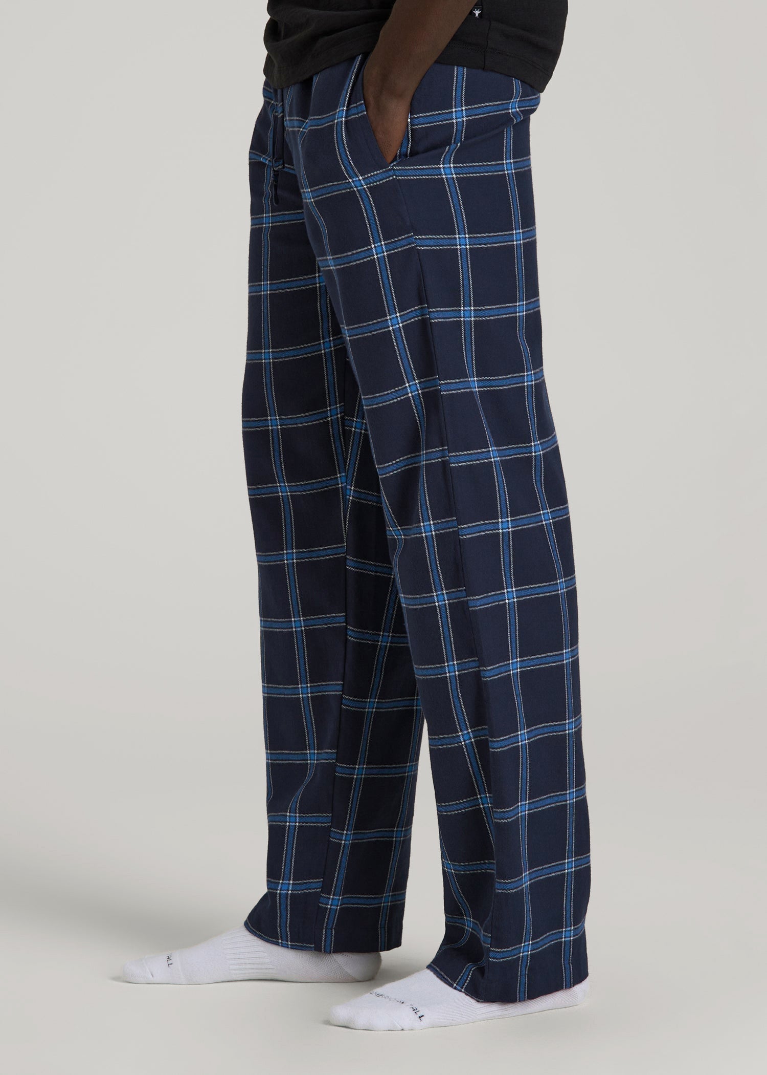 American Tall Men Flannel Pajama Pants for Tall Men in Navy and Blue Windowpane