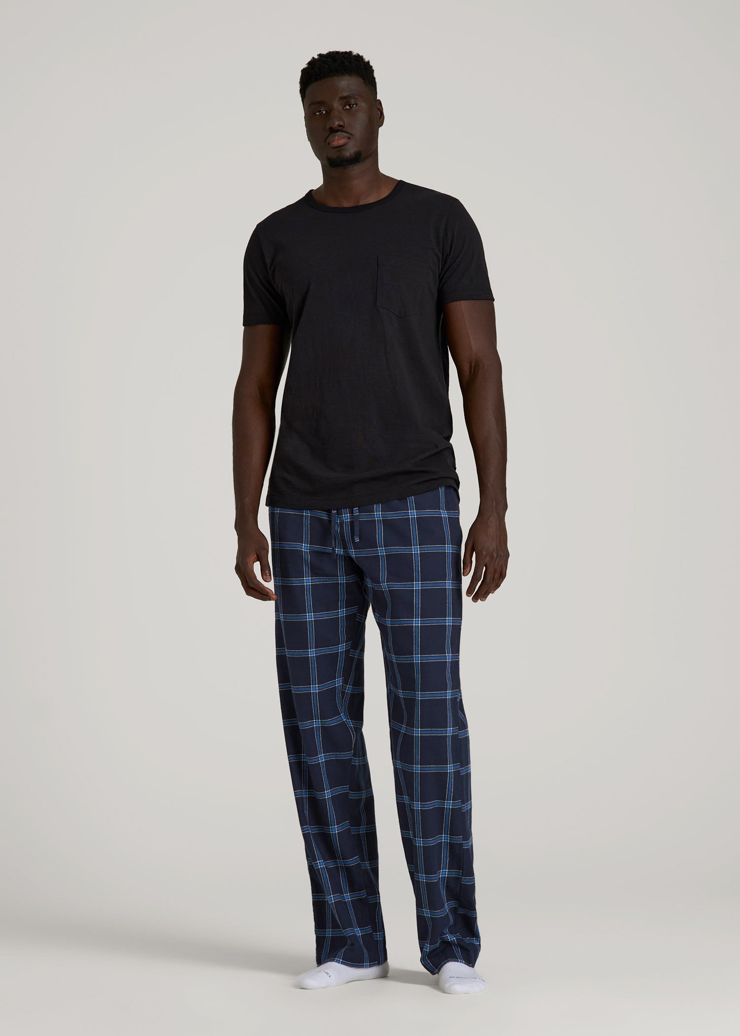American Tall Men Flannel Pajama Pants for Tall Men in Navy and Blue Windowpane