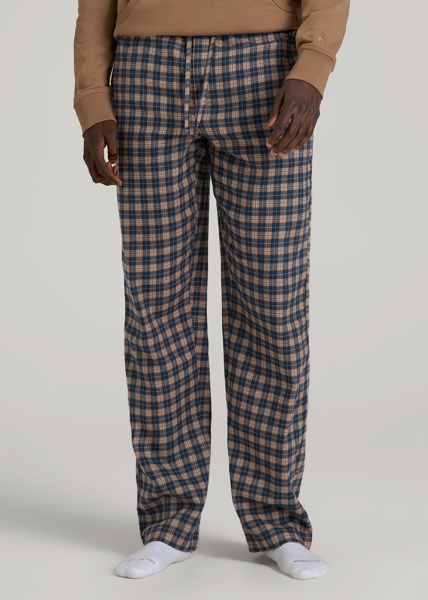 American Tall Men Flannel Pajama Pants for Tall Men in Navy and Woodsmoke Check