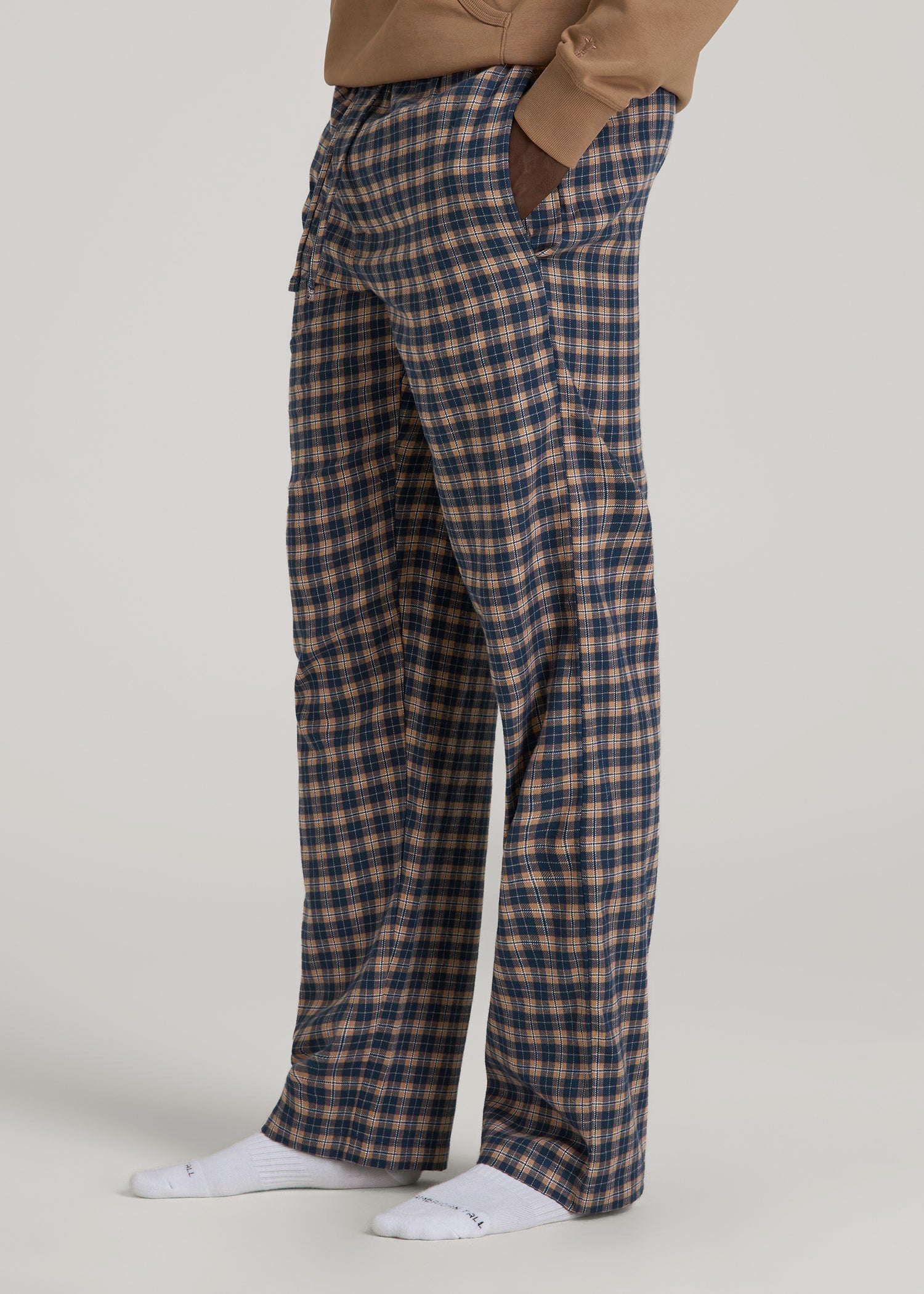 American Tall Men Flannel Pajama Pants for Tall Men in Navy and Woodsmoke Check