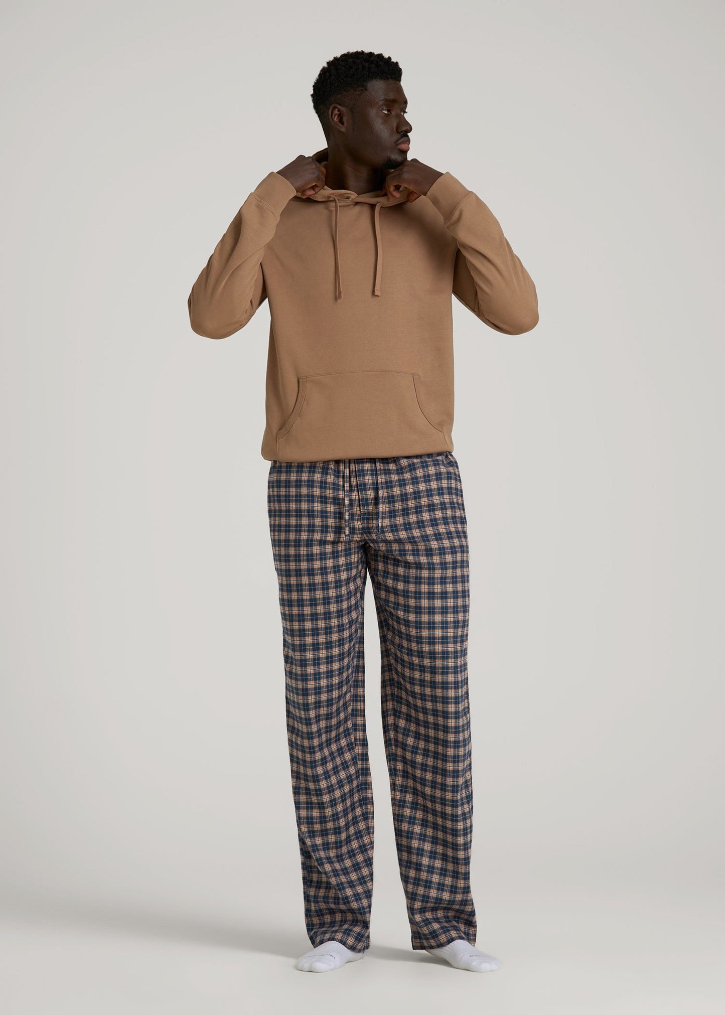 American Tall Men Flannel Pajama Pants for Tall Men in Navy and Woodsmoke Check