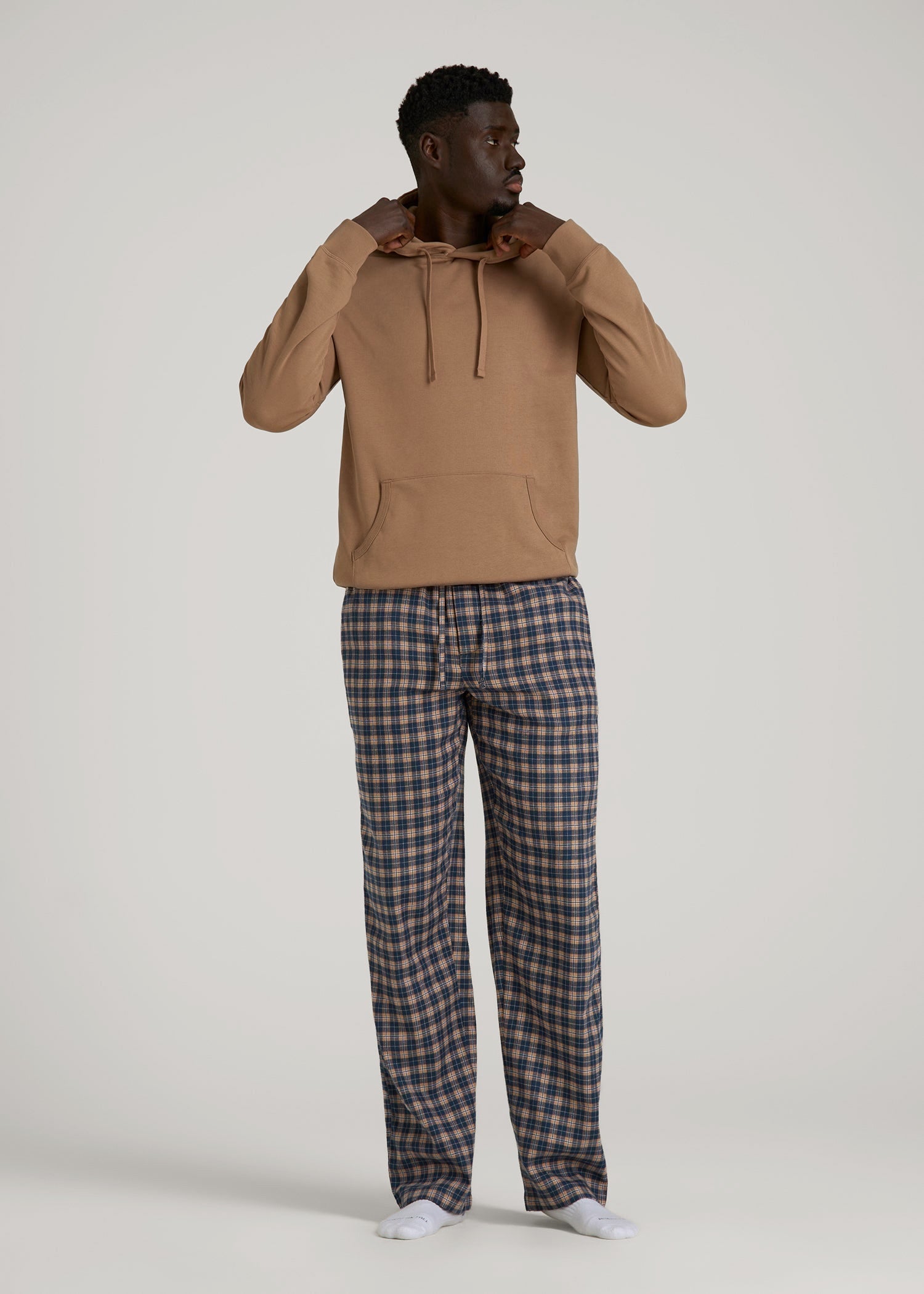 American Tall Men Flannel Pajama Pants for Tall Men in Navy and Woodsmoke Check