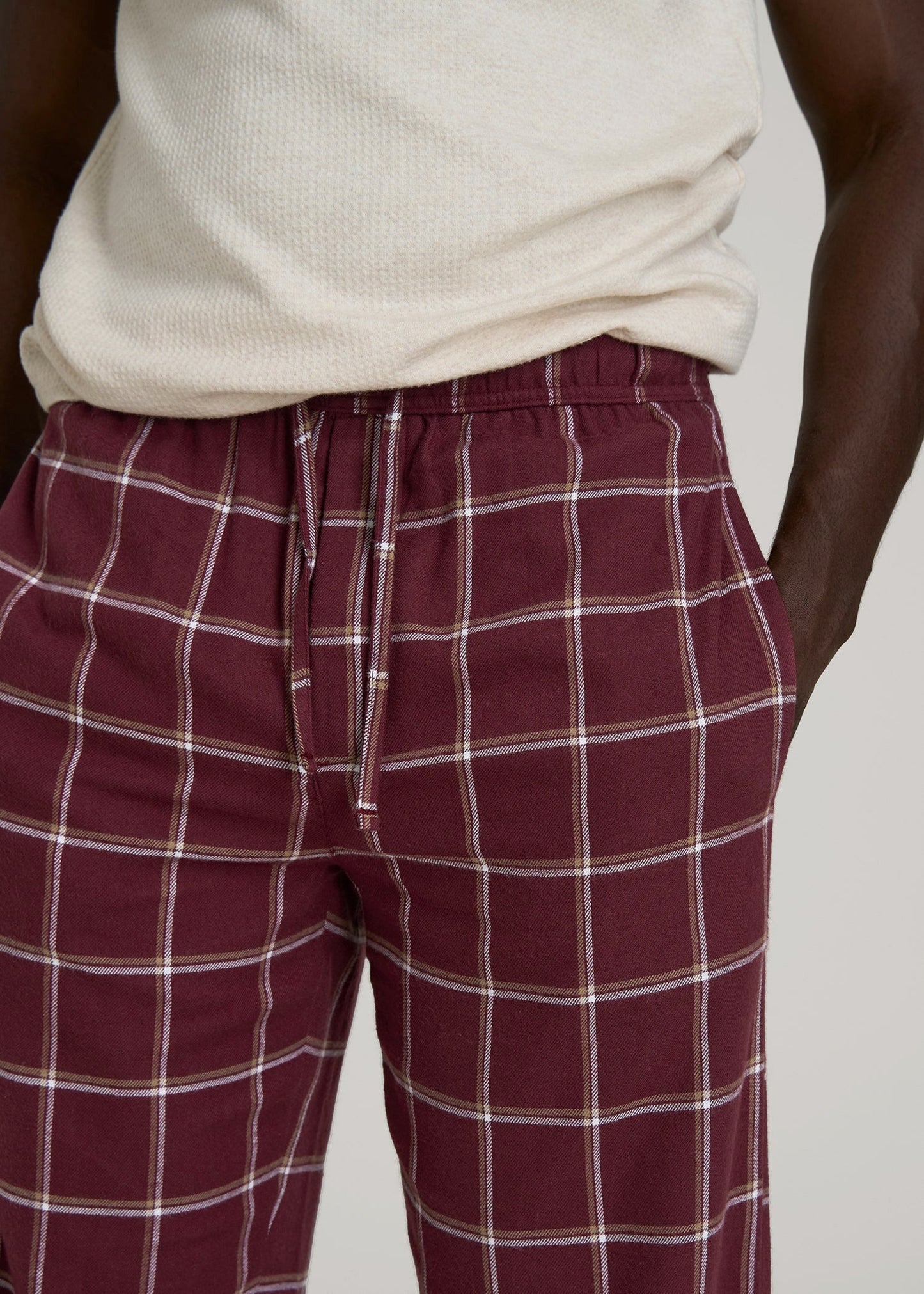 American Tall Men Flannel Pajama Pants for Tall Men in Wine Windowpane