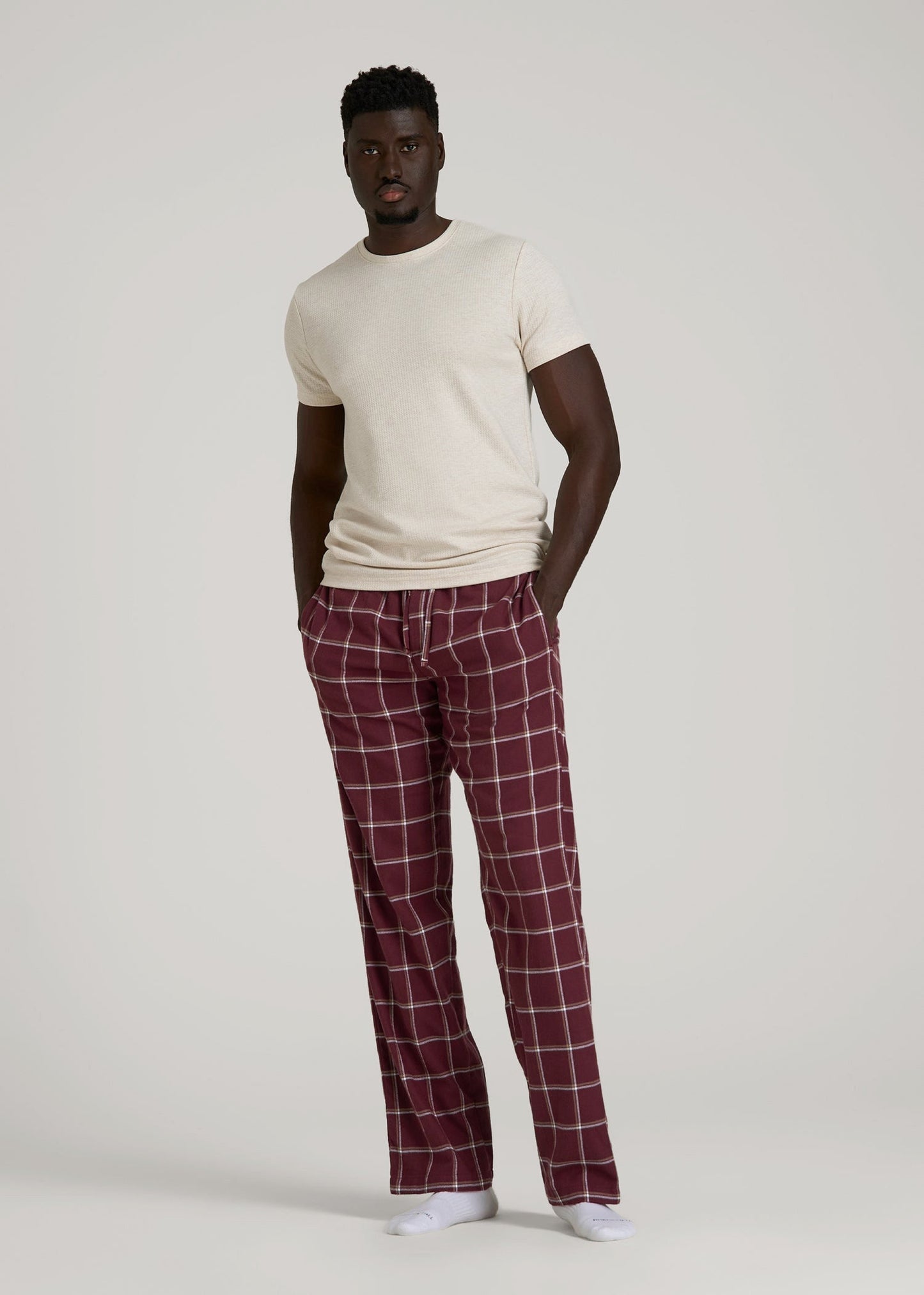 American Tall Men Flannel Pajama Pants for Tall Men in Wine Windowpane