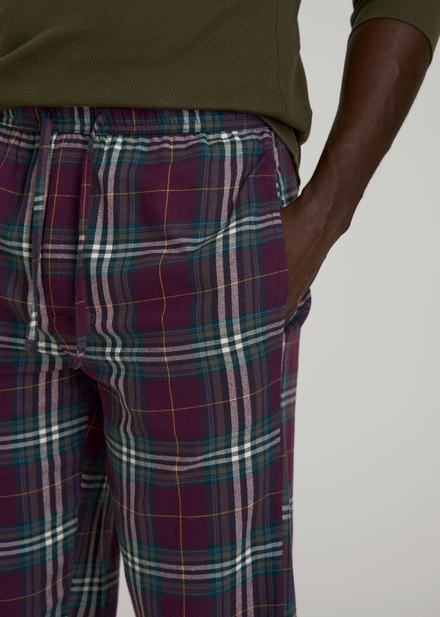 American Tall Men Flannel Pajama Pants for Tall Men in Maroon Plaid