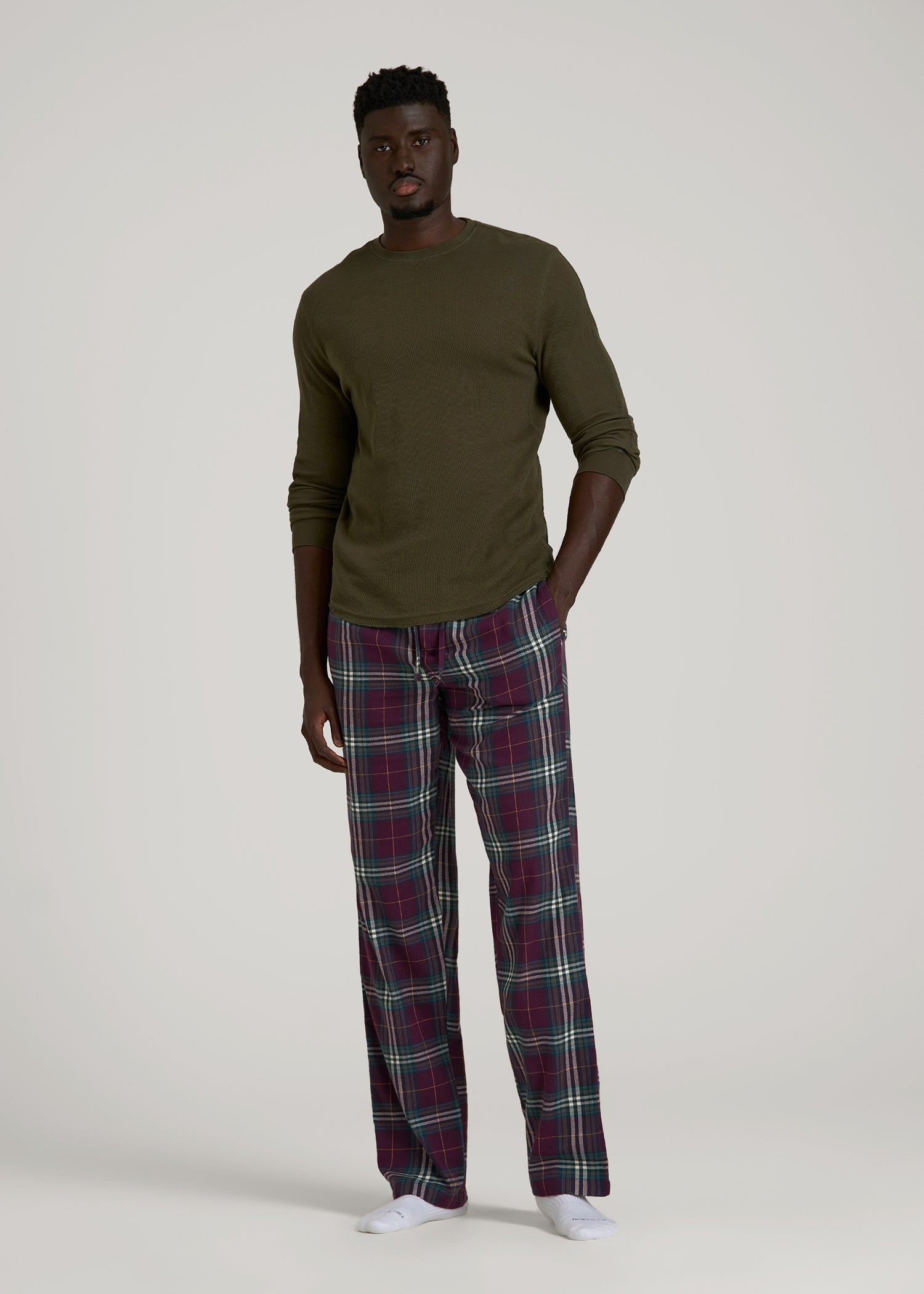 American Tall Men Flannel Pajama Pants for Tall Men in Maroon Plaid