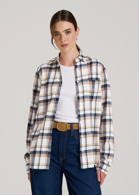American Tall Men|Women Flannel Button-Up Shirt for Tall Women in Woodsmoke with Navy