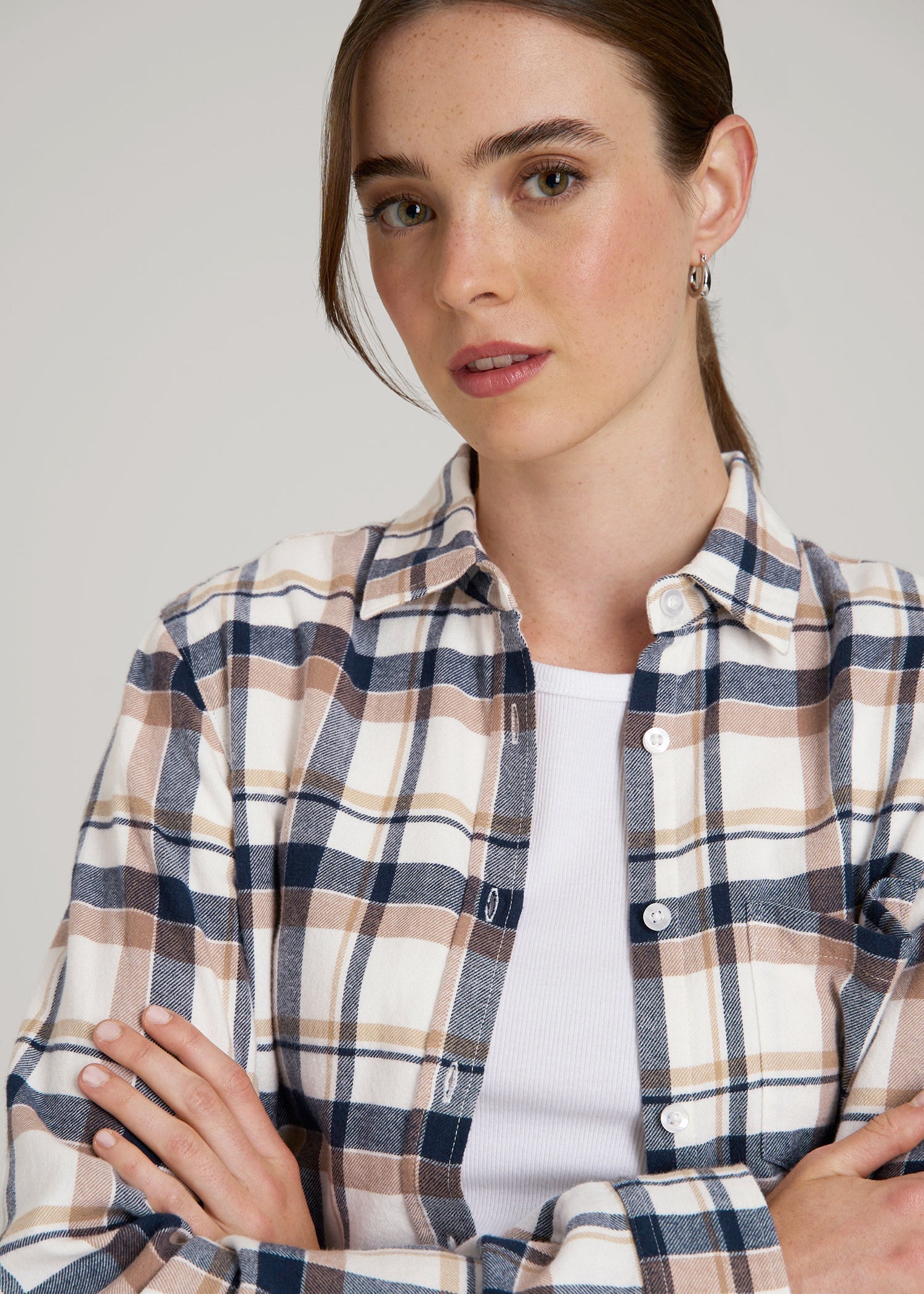 American Tall Men|Women Flannel Button-Up Shirt for Tall Women in Woodsmoke with Navy