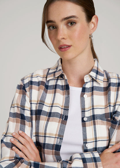 American Tall Men|Women Flannel Button-Up Shirt for Tall Women in Woodsmoke with Navy