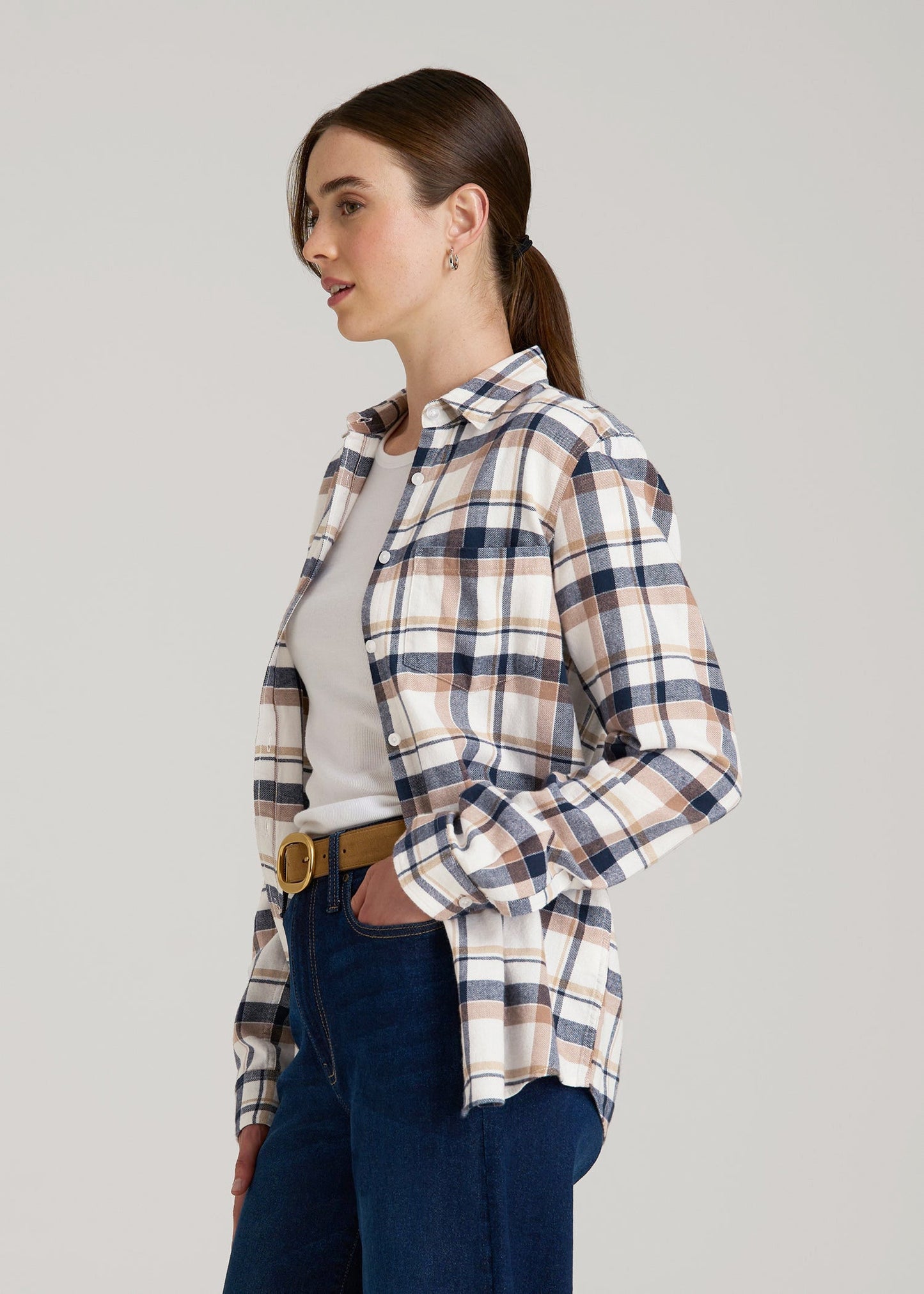 American Tall Men|Women Flannel Button-Up Shirt for Tall Women in Woodsmoke with Navy