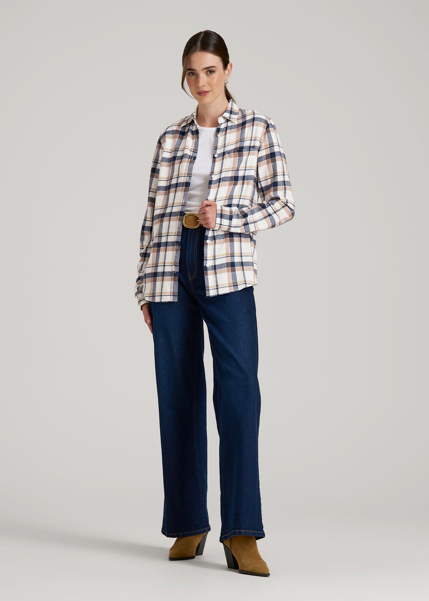 American Tall Men|Women Flannel Button-Up Shirt for Tall Women in Woodsmoke with Navy