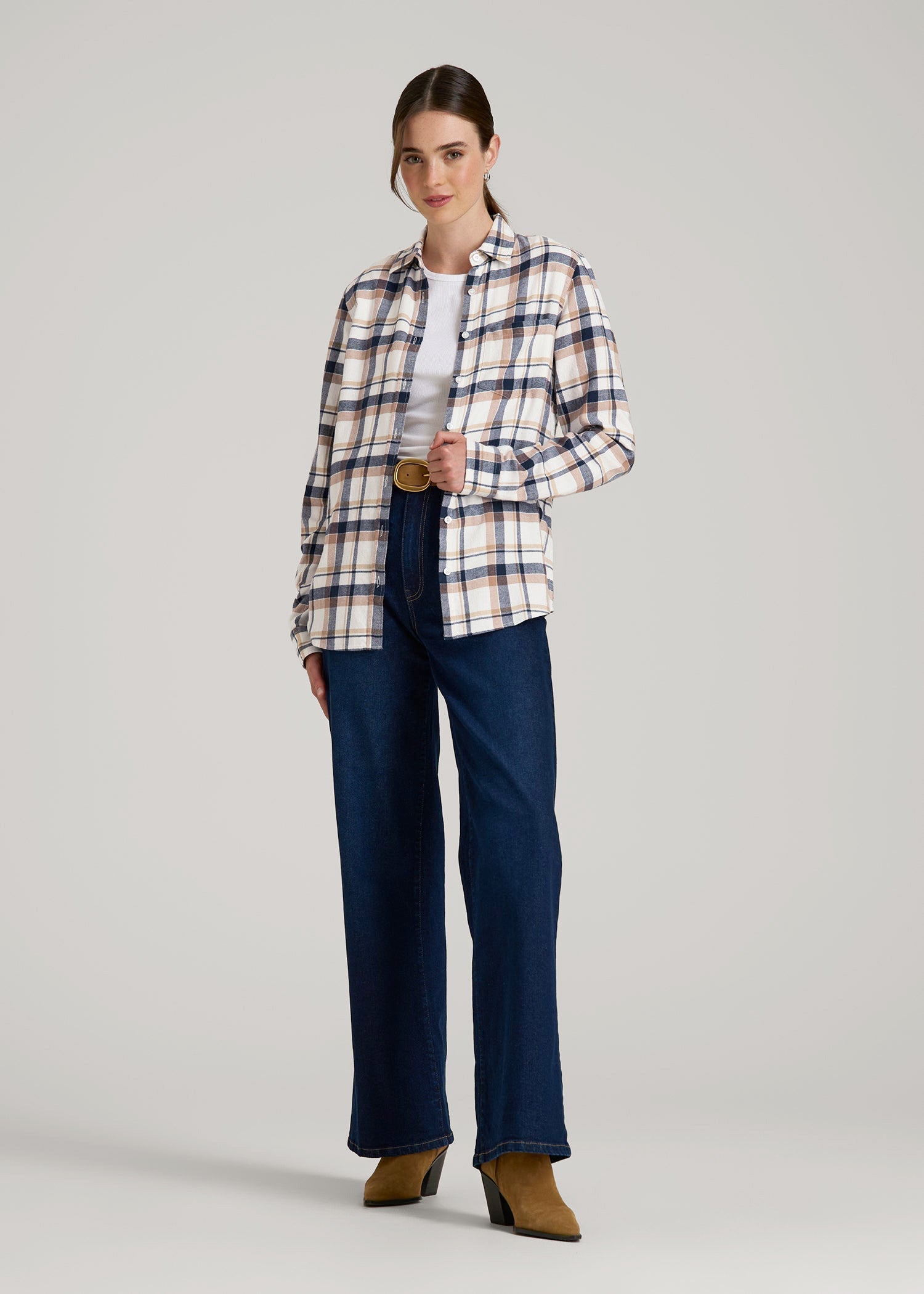 American Tall Men|Women Flannel Button-Up Shirt for Tall Women in Woodsmoke with Navy