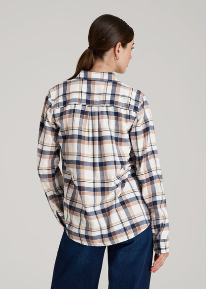 American Tall Men|Women Flannel Button-Up Shirt for Tall Women in Woodsmoke with Navy